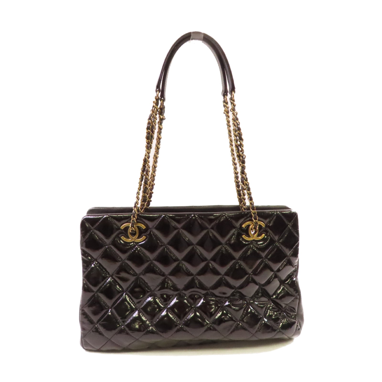 CHANEL 漆皮皮革Chain Shoulder Bag金扣鏈帶手挽肩背袋兩用袋黑色