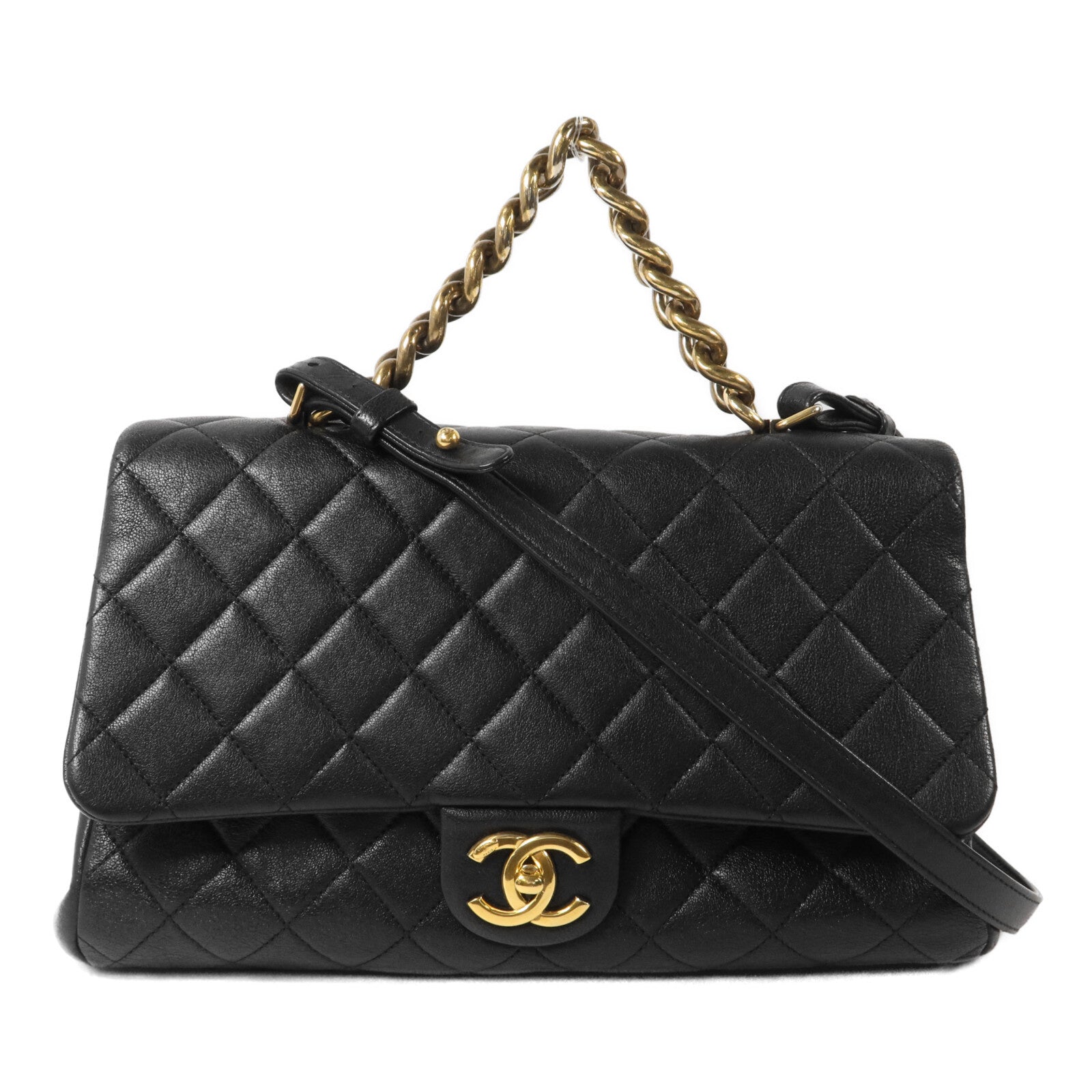 CHANEL 牛皮皮革Trapezio Flap Bag鏈帶手挽肩背兩用袋