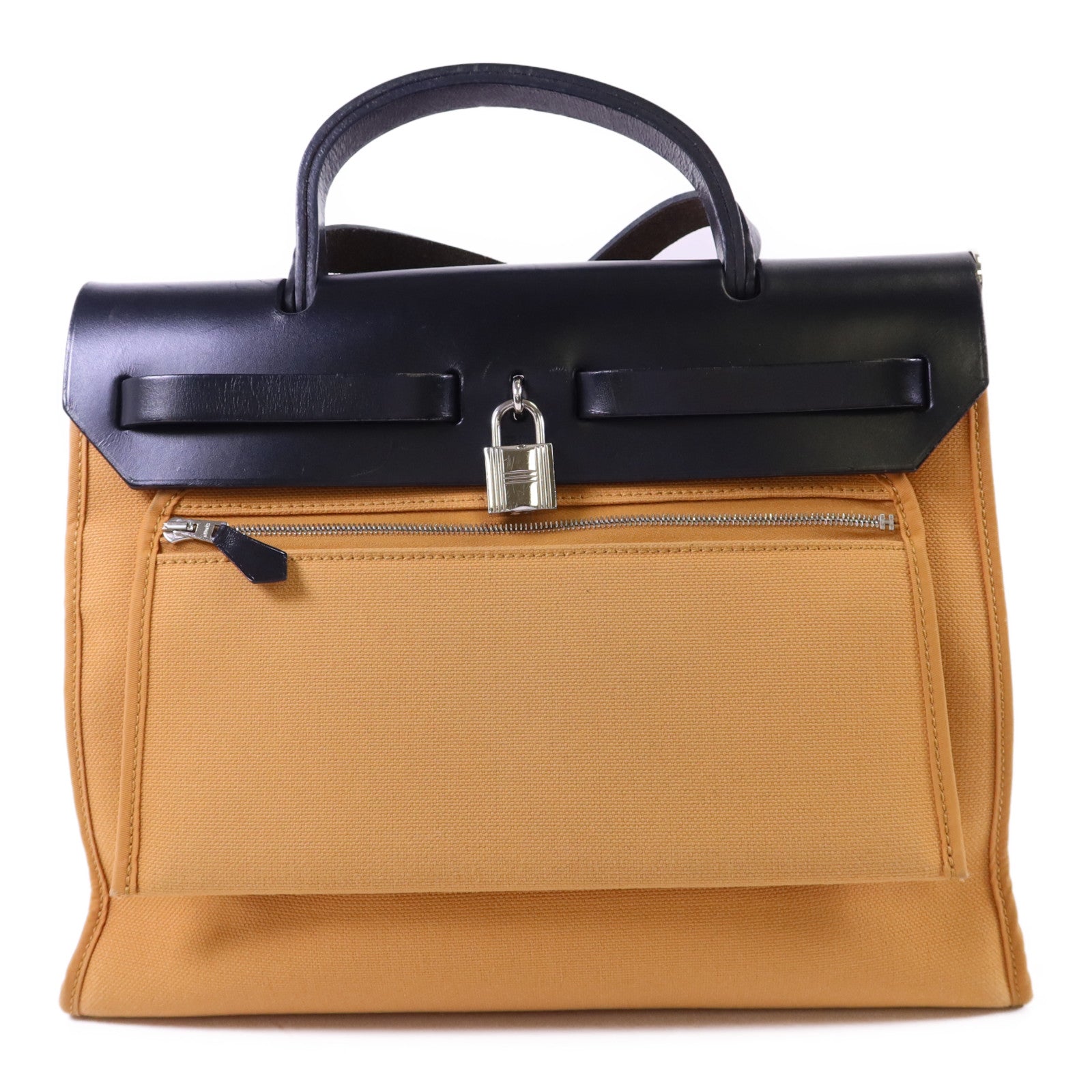 HERMES 帆布Herbag PM銀扣手挽肩背兩用袋Moutarde