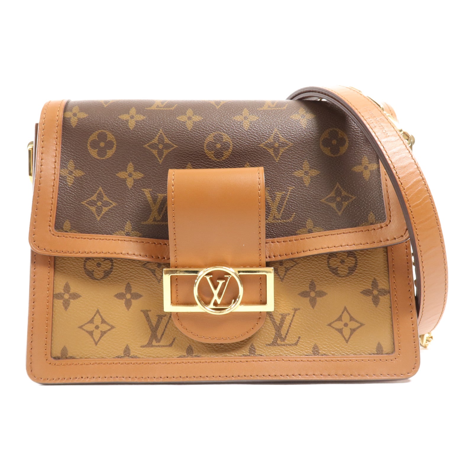 LOUIS VUITTON Monogram/Monogram Reverse Dauphine MM金扣手挽肩背兩用袋棕色