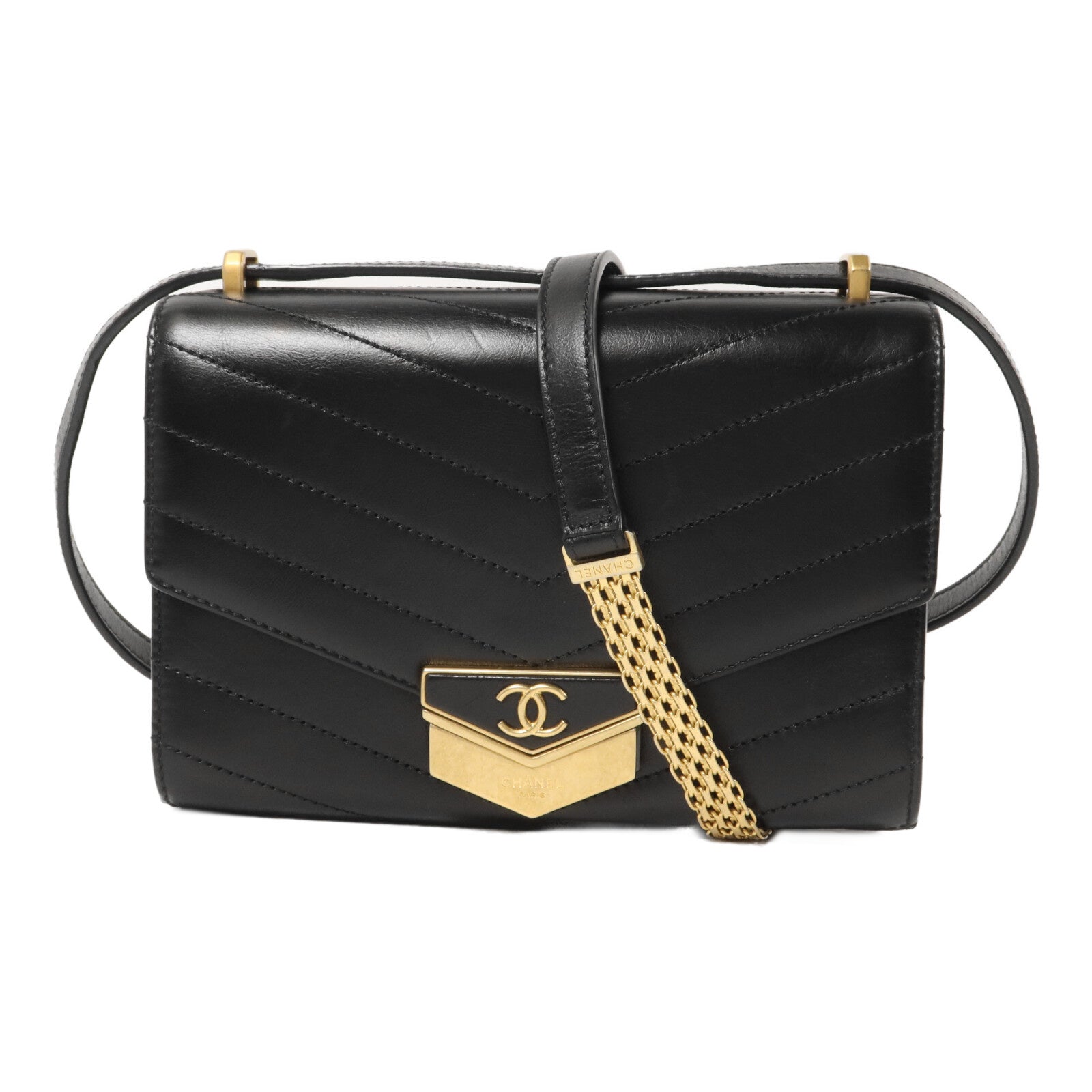CHANEL 牛皮皮革Chevron Medal Flap鏈帶肩背袋