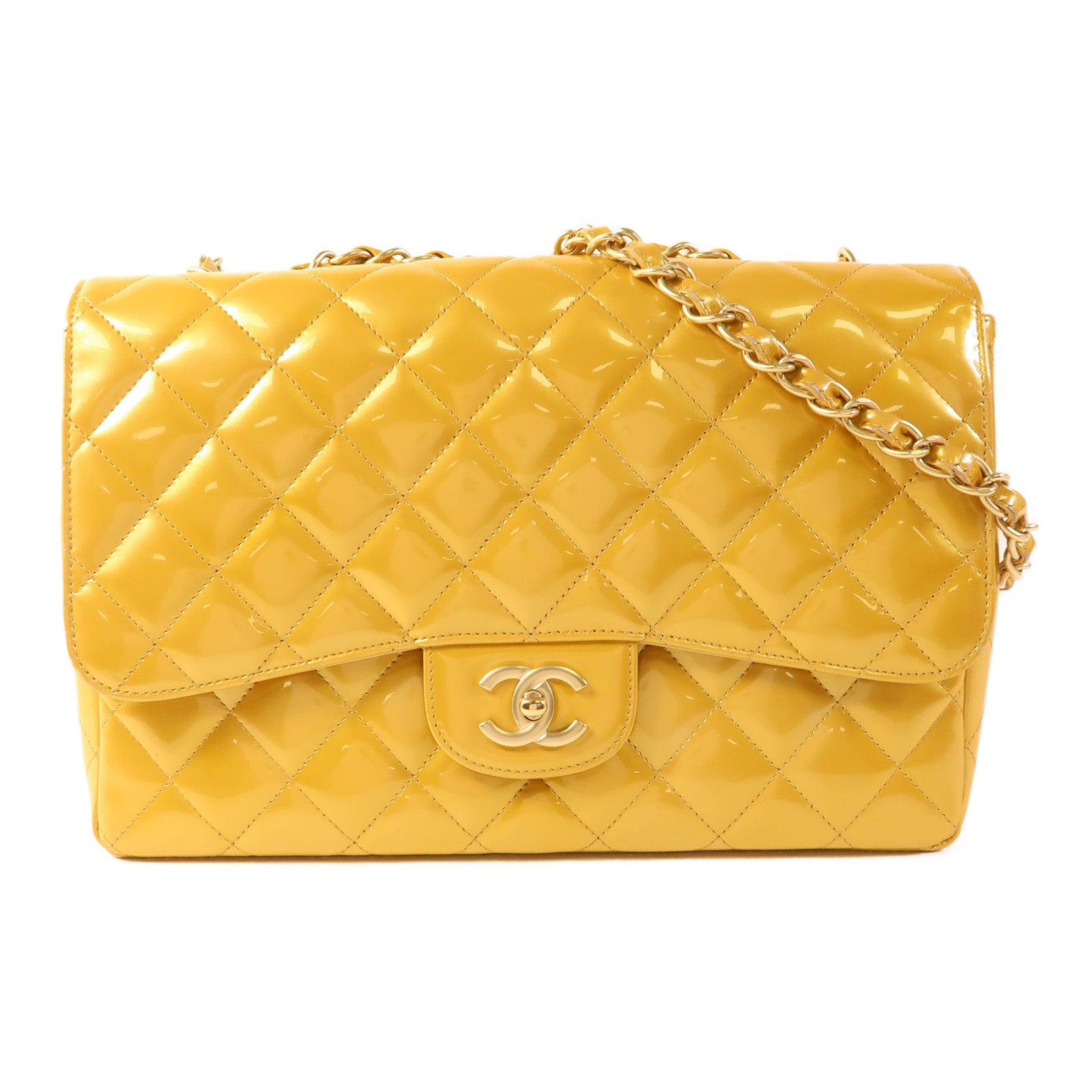 CHANEL 漆皮皮革Large Classic金扣鏈帶肩背袋