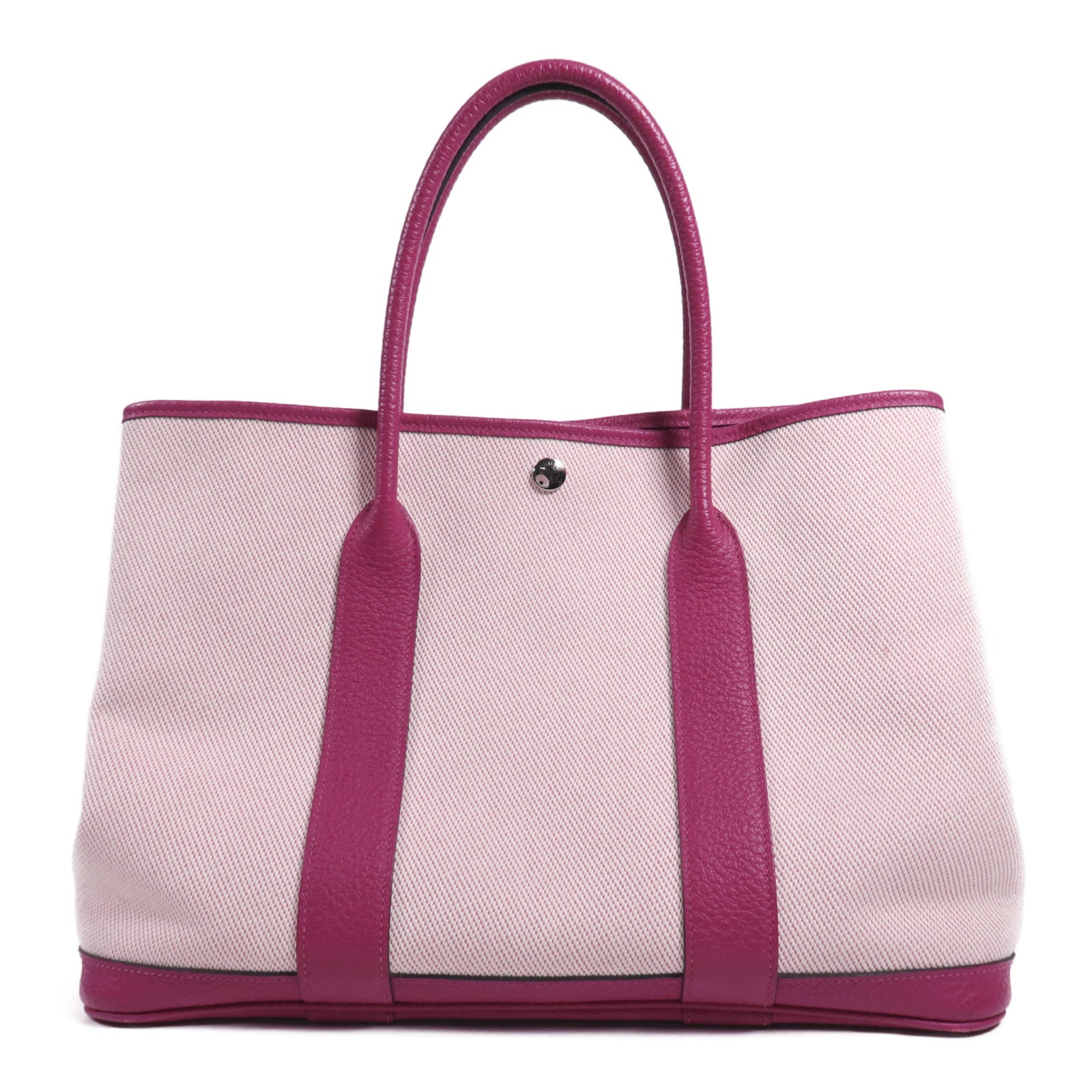 HERMES 【Hermes Fair】帆布/皮革Garden Party PM銀扣手挽袋Rose Pourpre