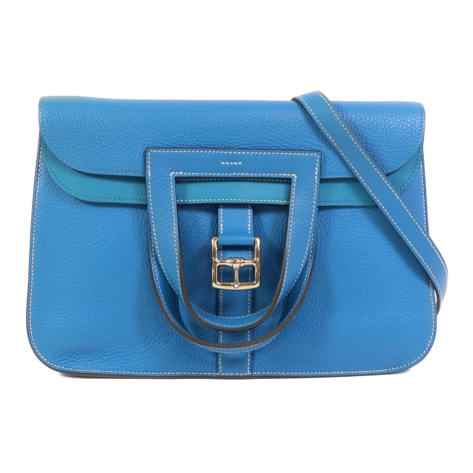 HERMES Clemence皮革Halzan 31手挽肩背兩用袋Bleu Hydra