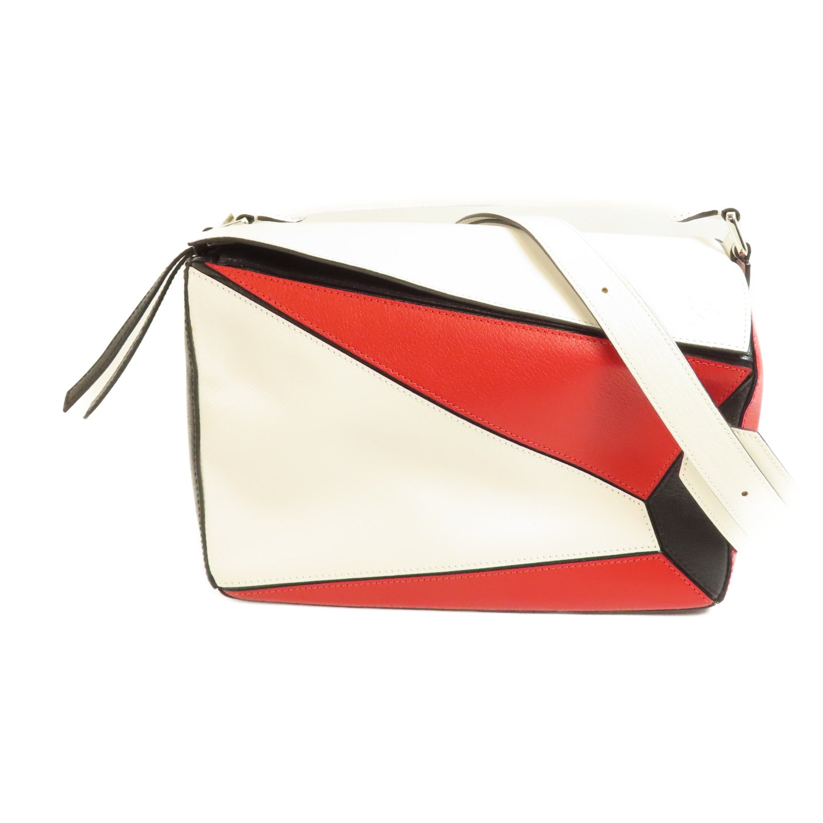 LOEWE SHW Puzzle Medium 2 Way Shoulder Hand Bag Calfskin Leather White Red