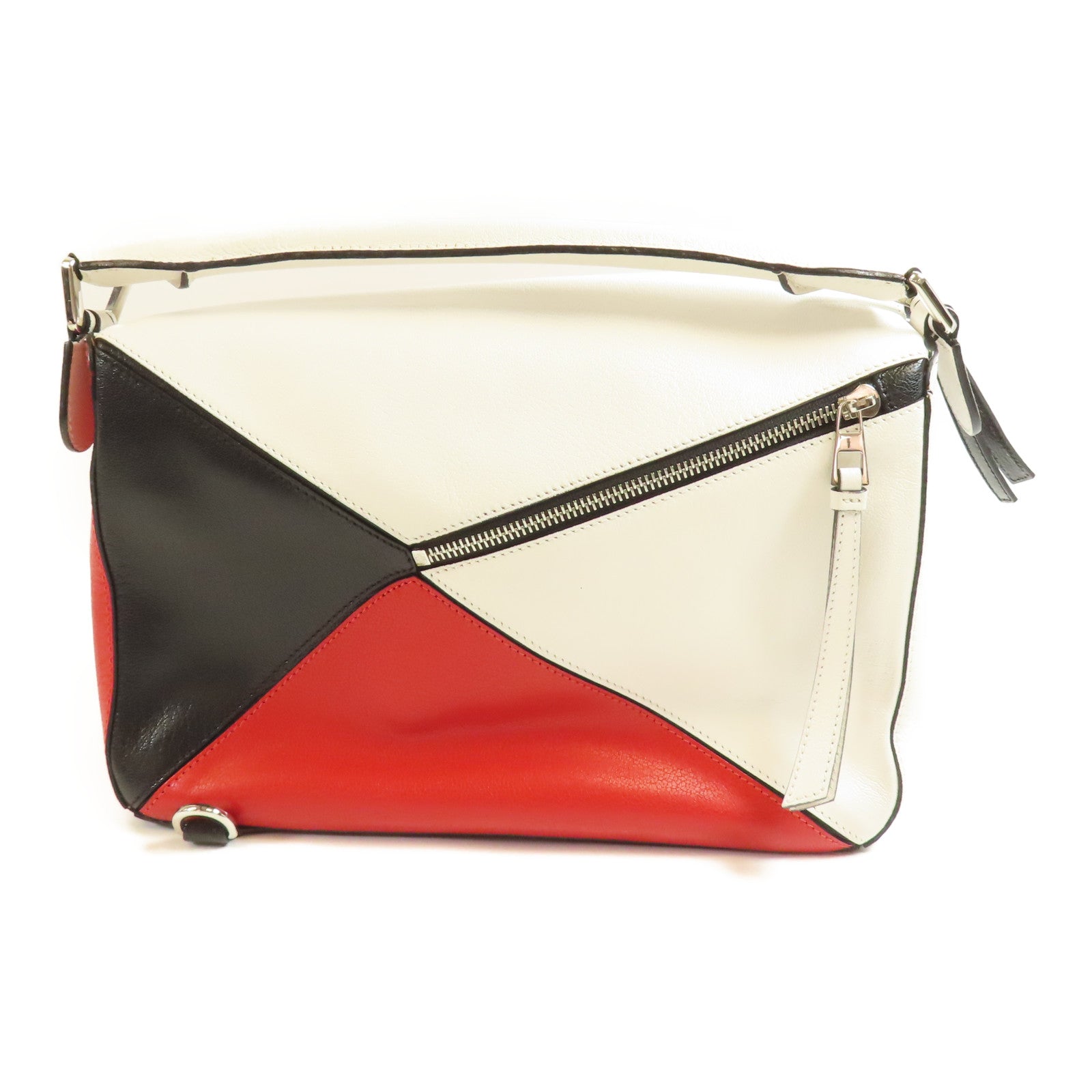 LOEWE SHW Puzzle Medium 2 Way Shoulder Hand Bag Calfskin Leather White Red