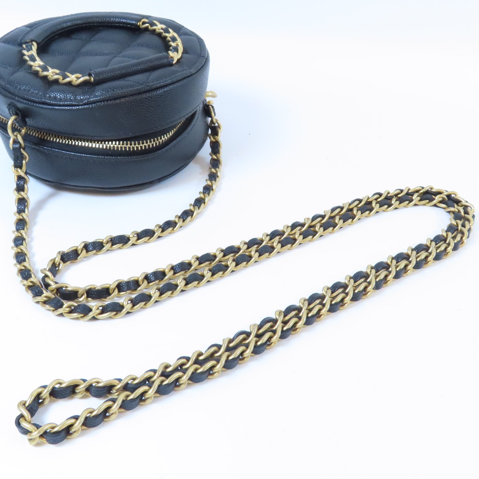 CHANEL 【激減優惠】菱格Caviar皮革Round Chain Bag金扣鏈帶手挽肩背兩用袋黑色