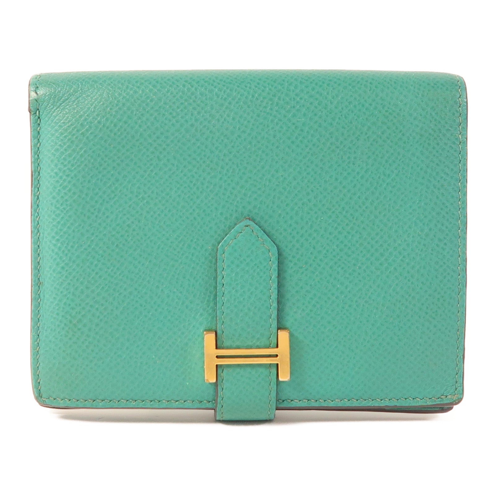 HERMES 【激減優惠】Epsom皮革Bearn Compact金扣錢包Vert Jade