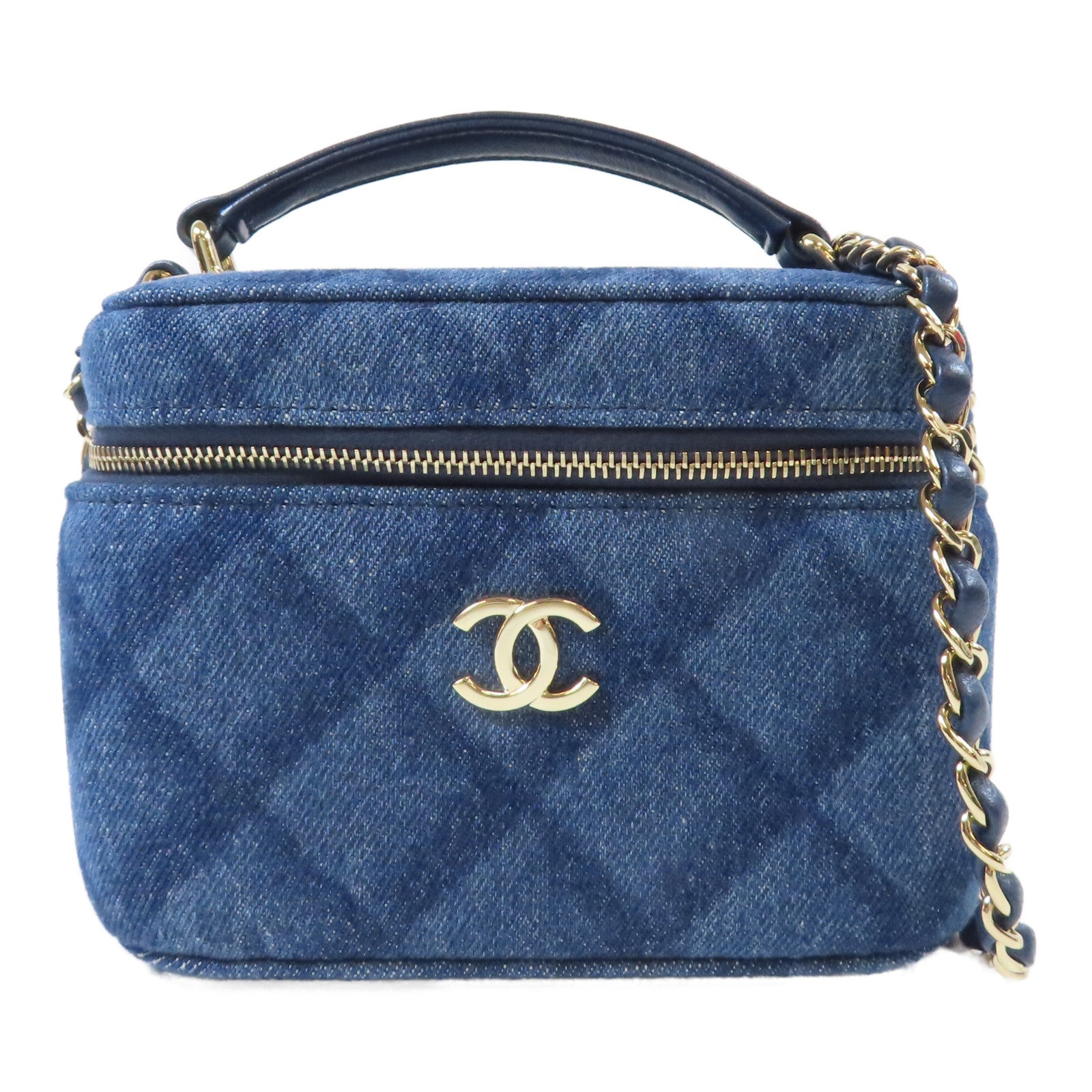 CHANEL 【激減優惠】菱格牛仔布Vanity Case金扣鏈帶手挽肩背兩用