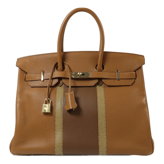 HERMES Clemence皮革/Lizard皮革Birkin 35手挽袋Gold/Marron