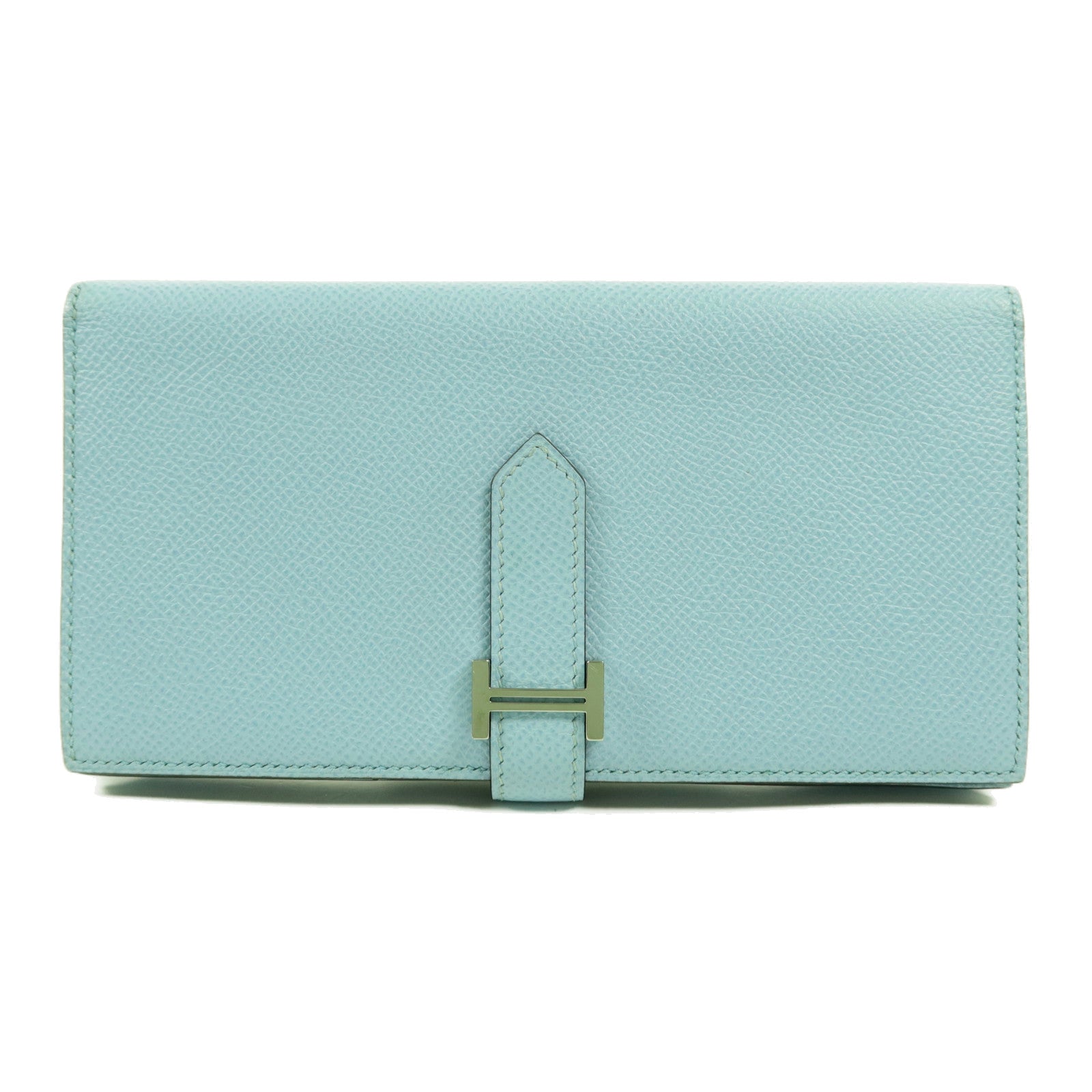HERMES 【激減優惠】Epsom皮革Bearn W Snap銀扣長錢包Bleu Atoll