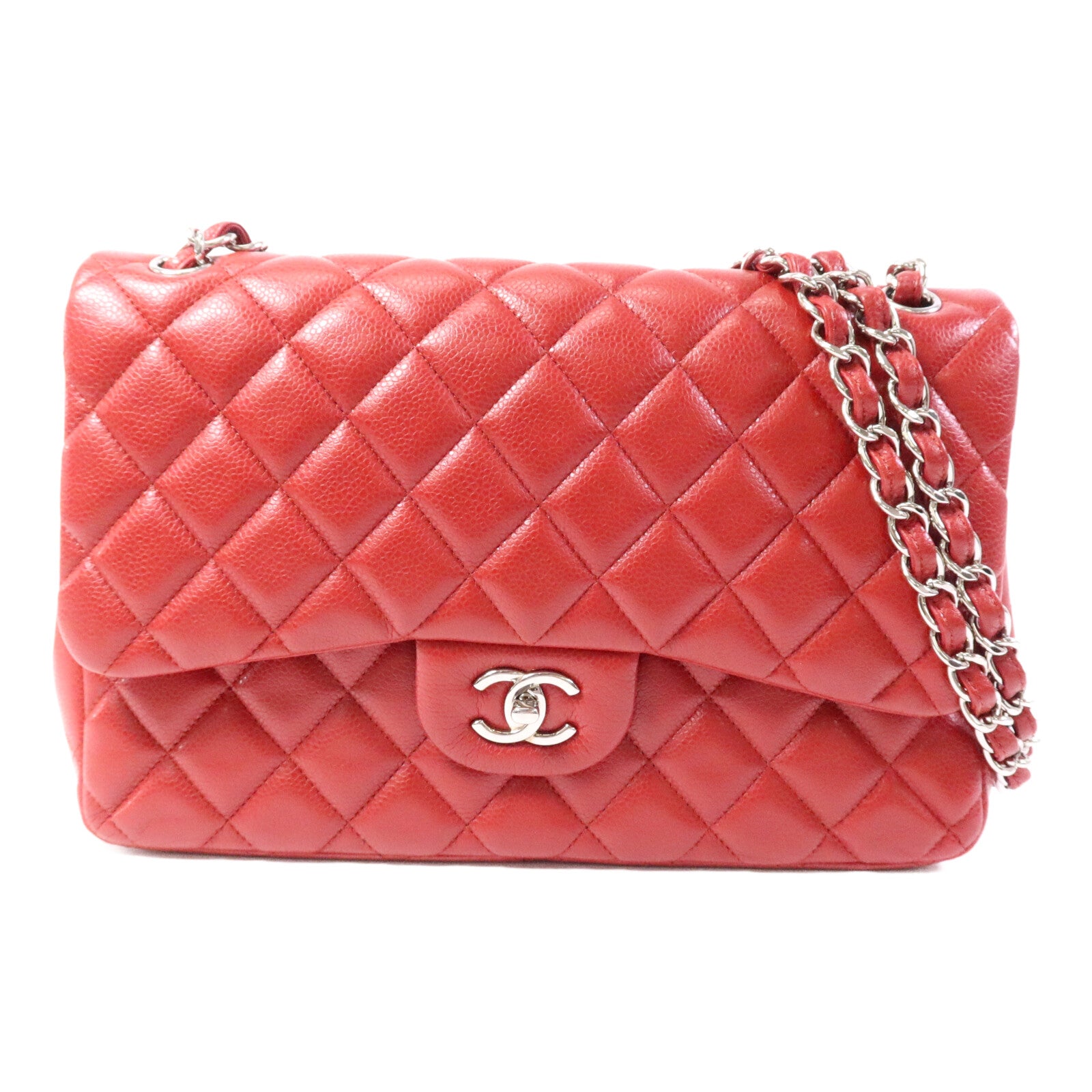 CHANEL 牛皮皮革Large Classic銀扣鏈帶肩背袋