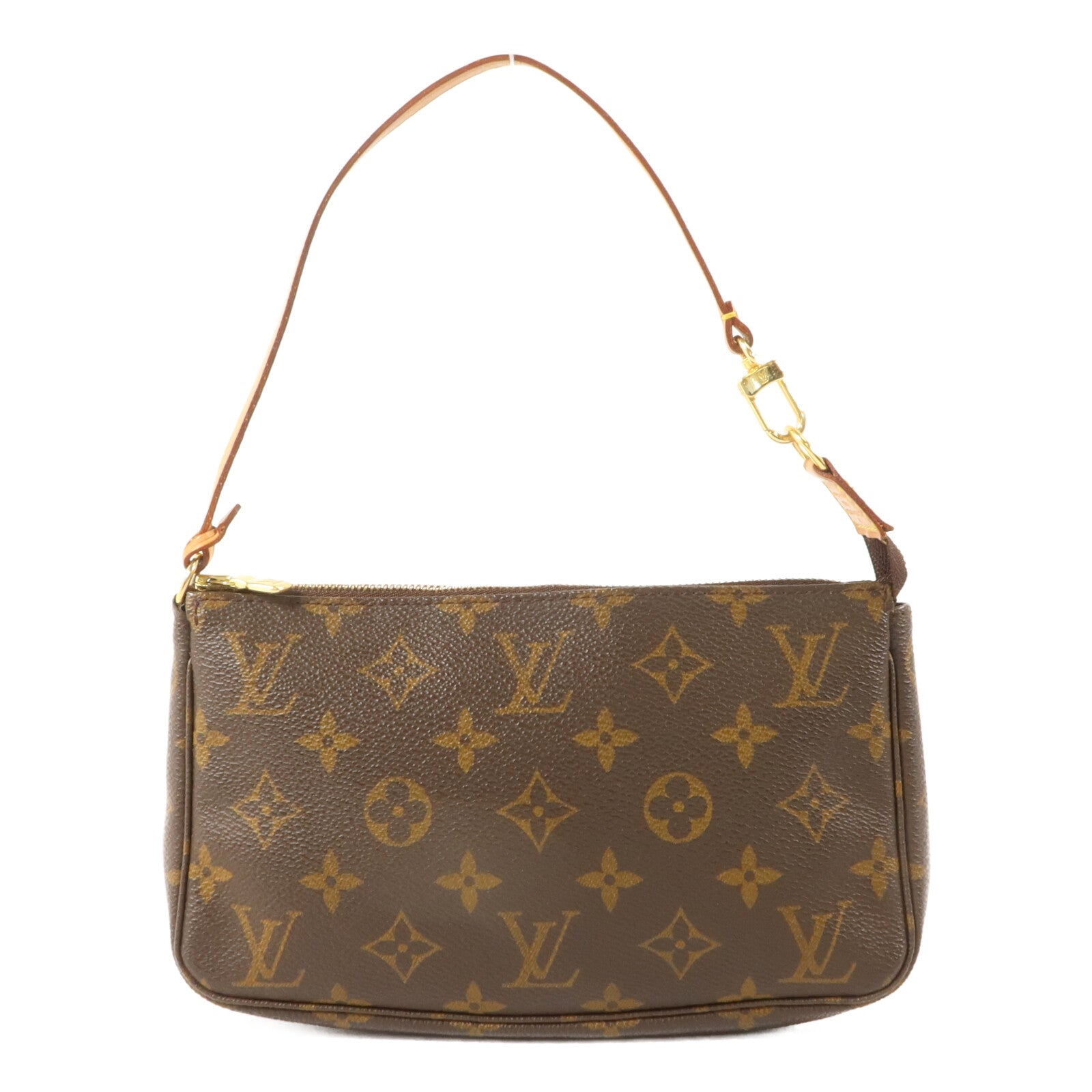 LOUIS VUITTON Monogram Pochette Accessoires金扣手挽袋棕色