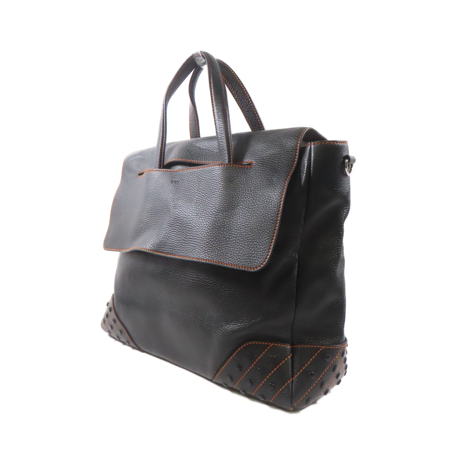 TOD'S 牛皮皮革2 Way Bag銀扣手挽肩背兩用袋黑色