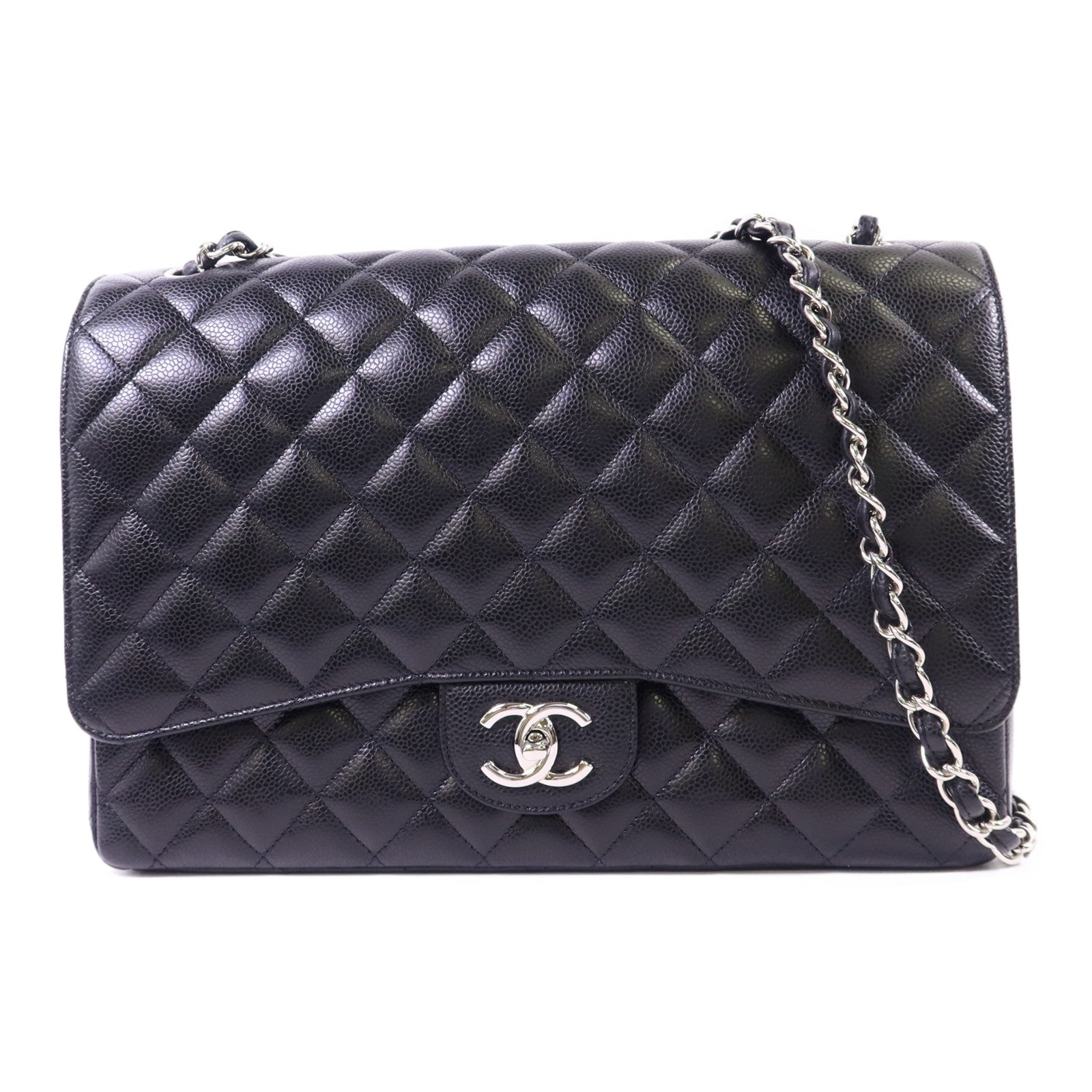 CHANEL 牛皮皮革Maxi Classic銀扣鏈帶肩背袋