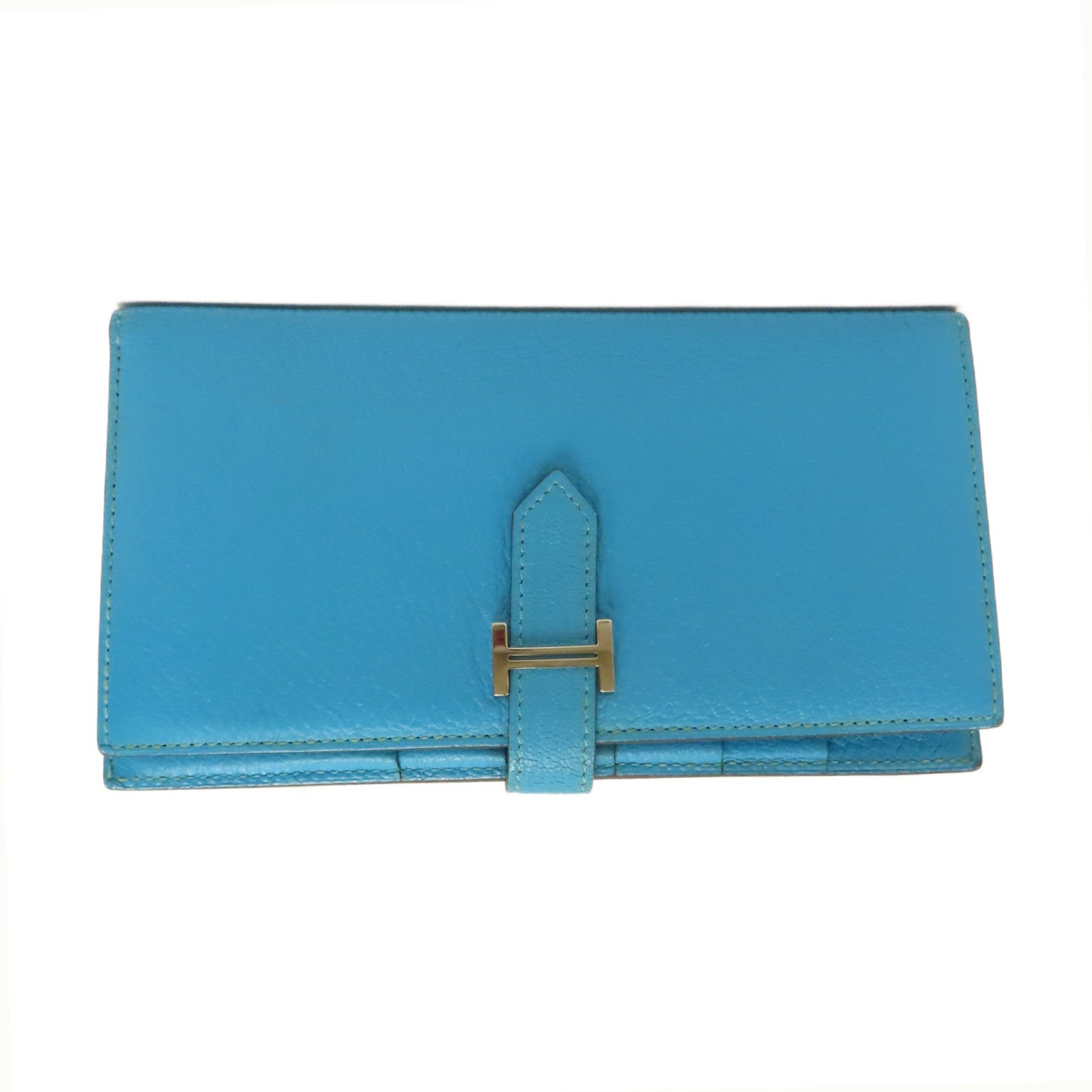 HERMES Chevre皮革Bearn Long Wallet銀扣長錢包Blue Azteque水藍色
