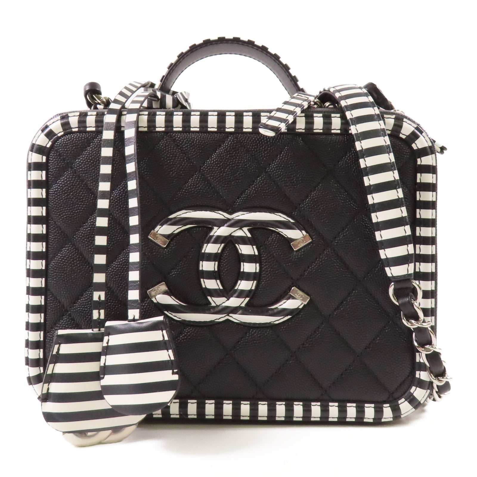 CHANEL 【激減優惠】牛皮皮革Filigree Vanity Case Medium銀扣手挽肩背兩用袋