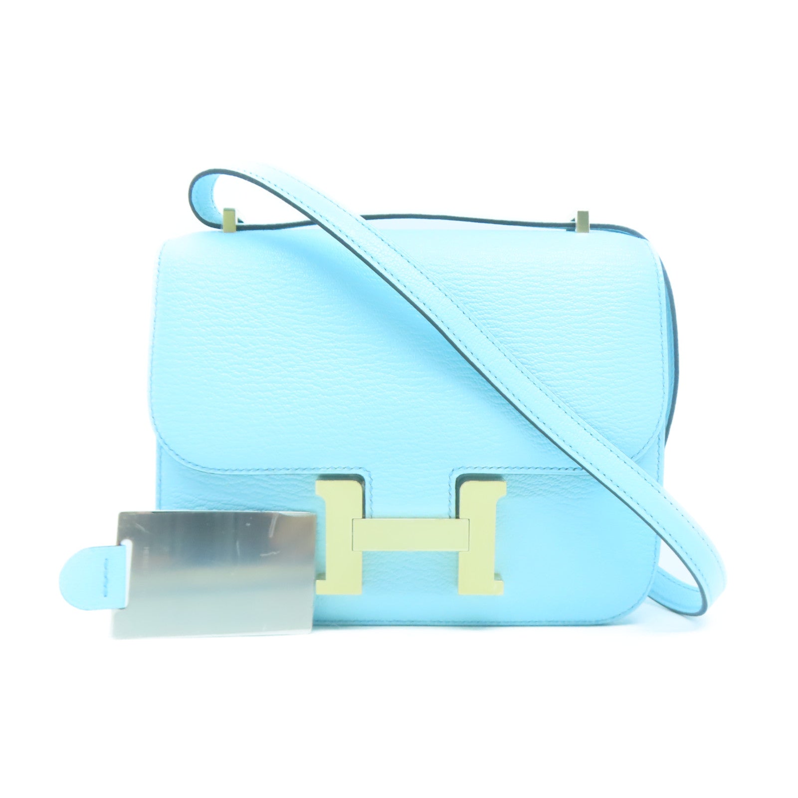 HERMES **【清倉大減價】Chevre皮革Constance Mini銀扣肩背袋Bleu Zephyr淺藍色
