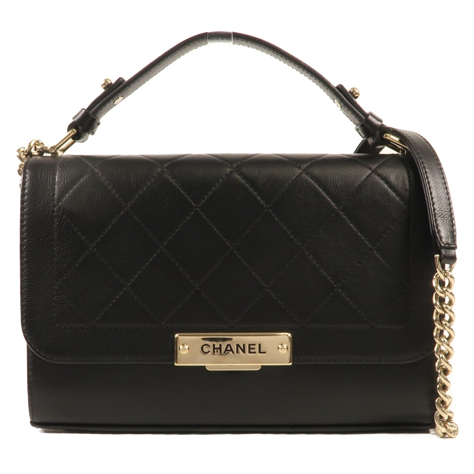 CHANEL 牛皮皮革Chain Shoulder金扣鏈帶手挽肩背兩用袋