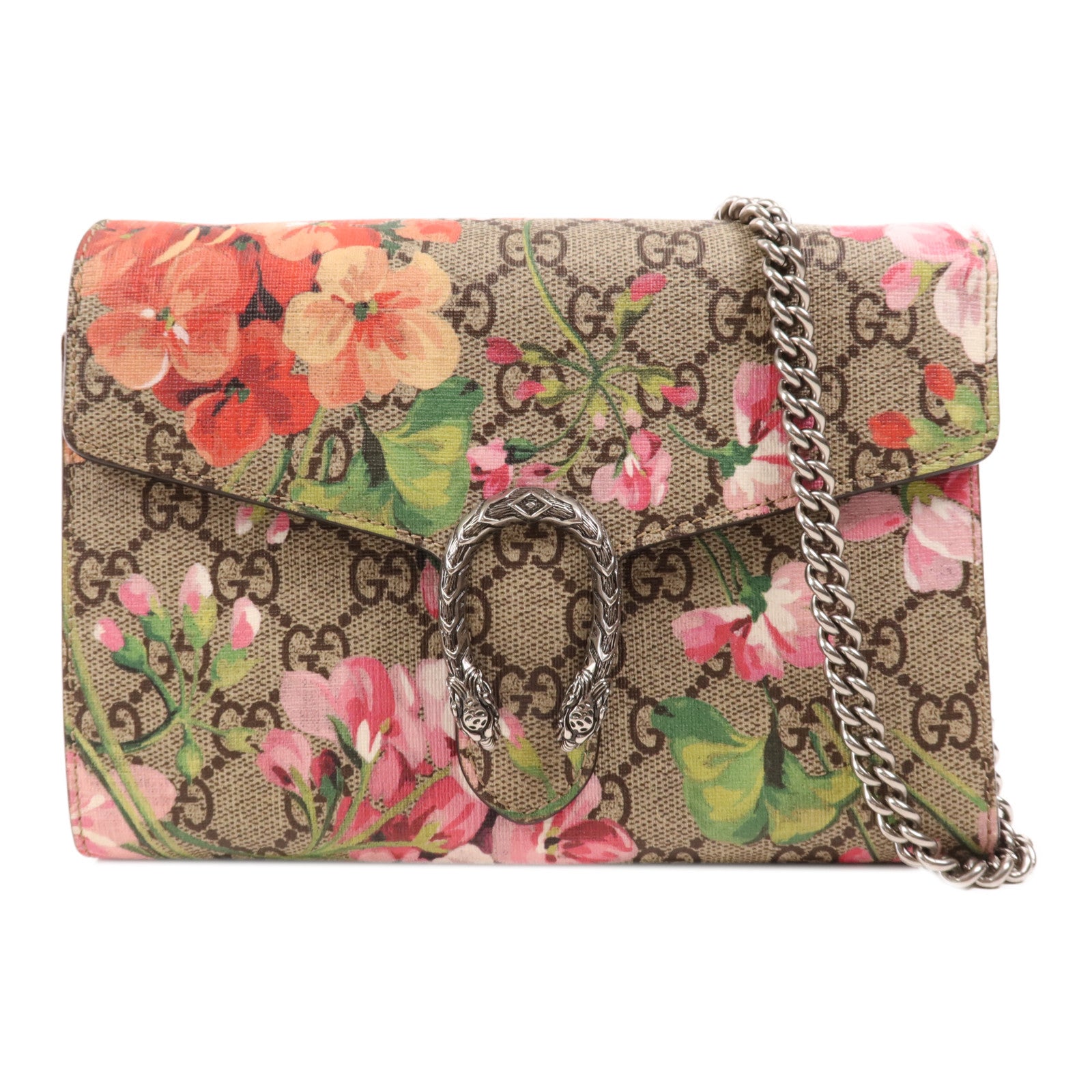 GUCCI 塗層帆布Dionysus Small銀扣鏈帶肩背袋