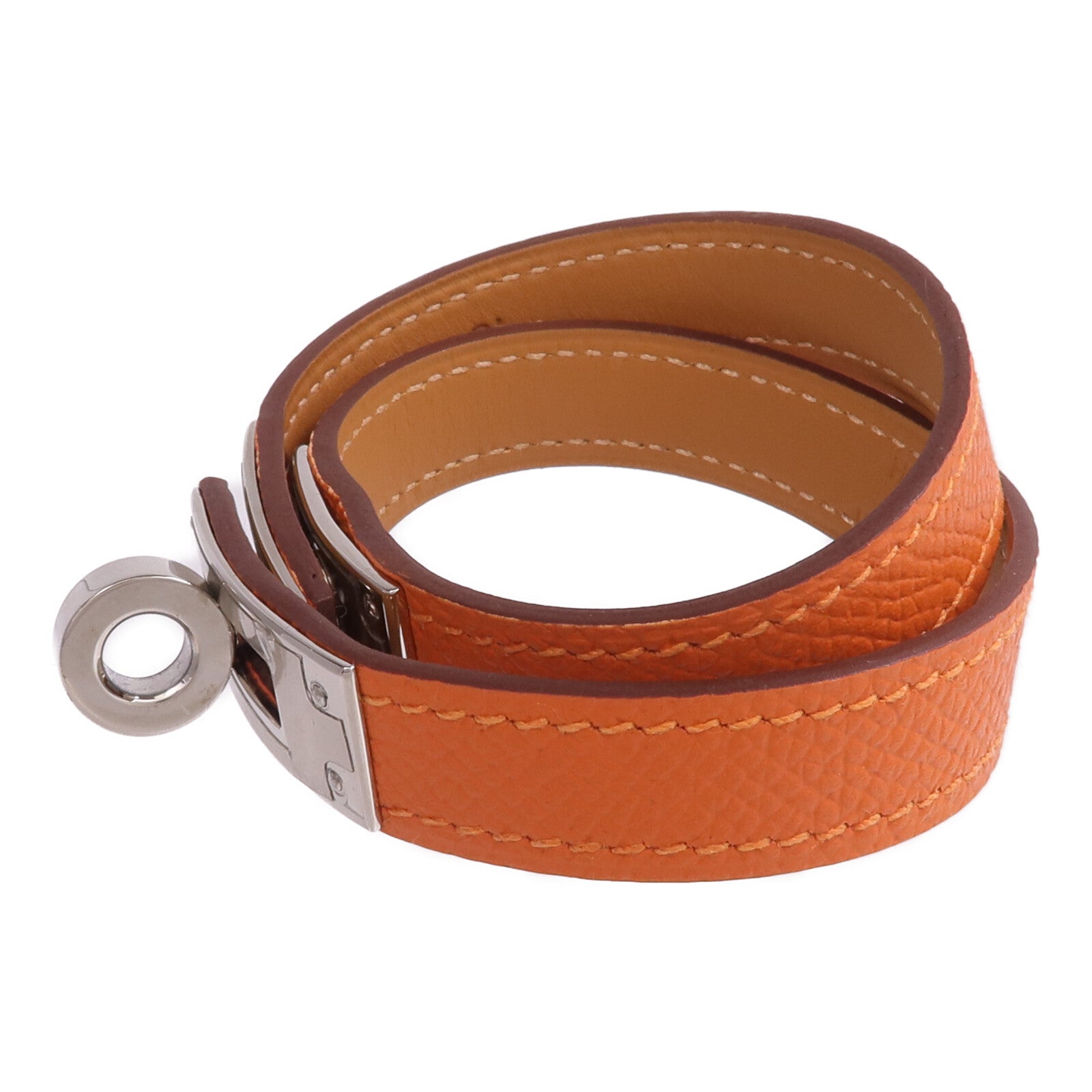HERMES Epsom皮革Kelly Double Tour Bracelet銀扣手帶Orange H