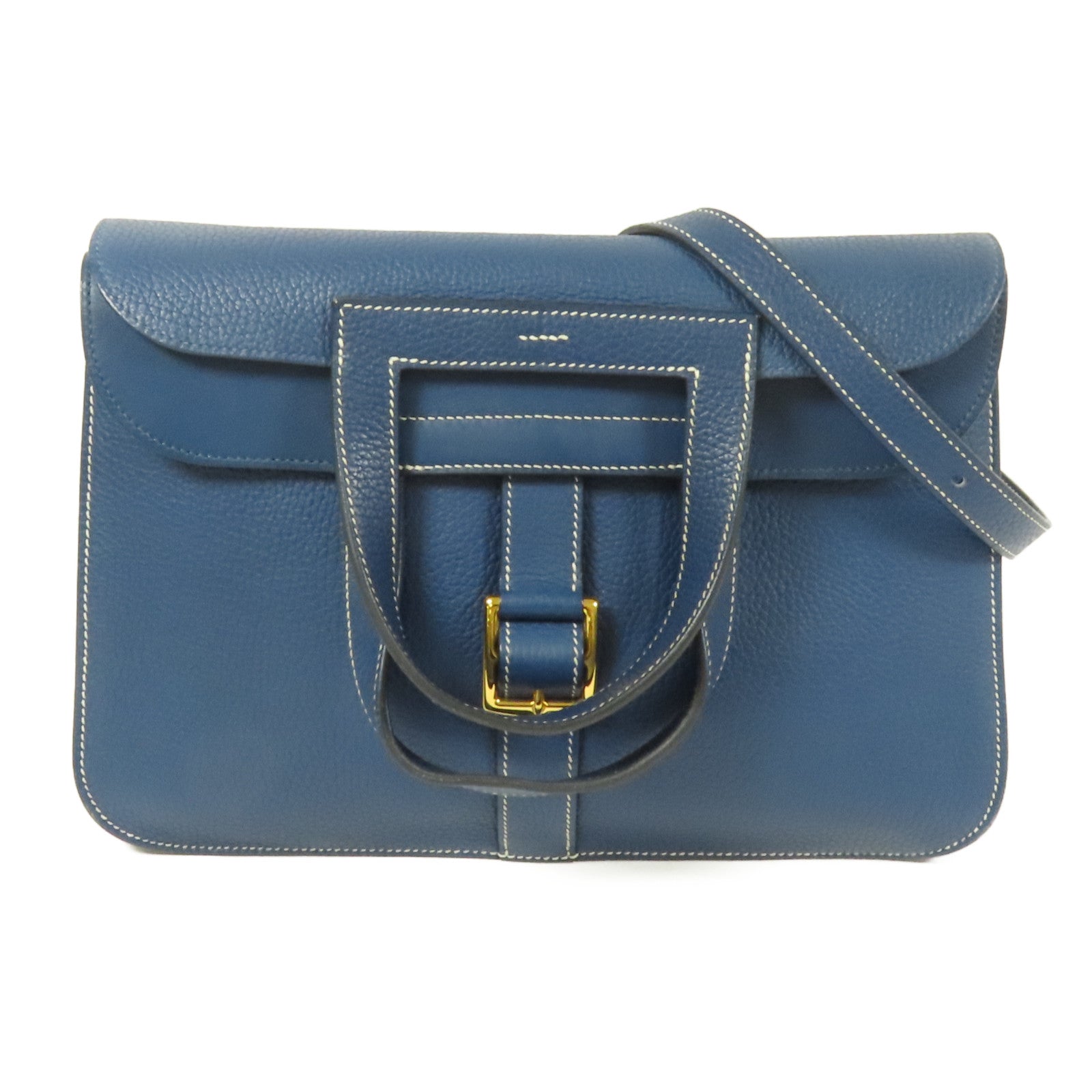 HERMES Clemence皮革Halzan 31金扣手挽肩背兩用袋Bleu Brighton