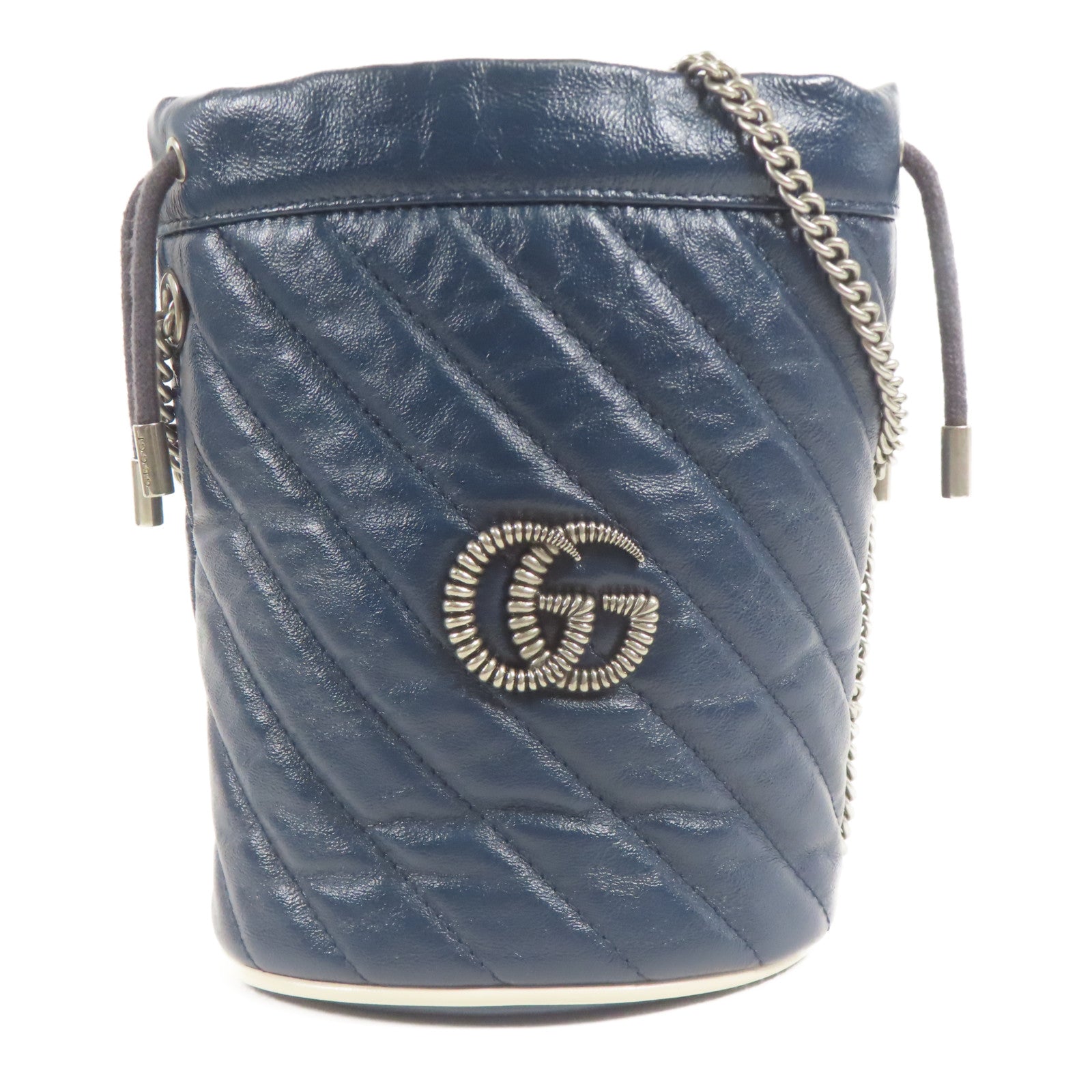 GUCCI 牛皮皮革GG Marmont Bucket銀扣鏈帶肩背袋