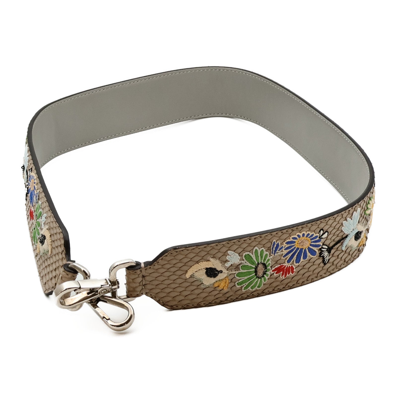 FENDI 蛇皮皮革Grey Python Floral Embroidered Strap銀扣肩帶