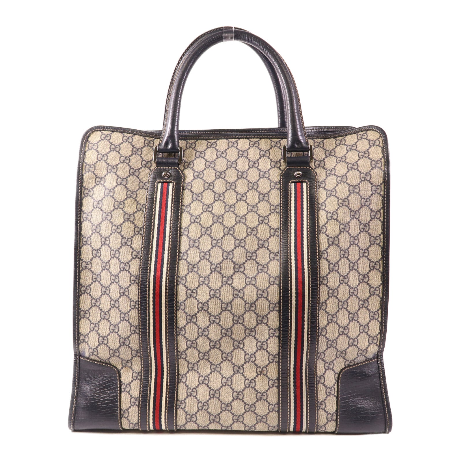 GUCCI GG SHW Tote Bag Handbag 145843 Coated Canvas Beige/Navy