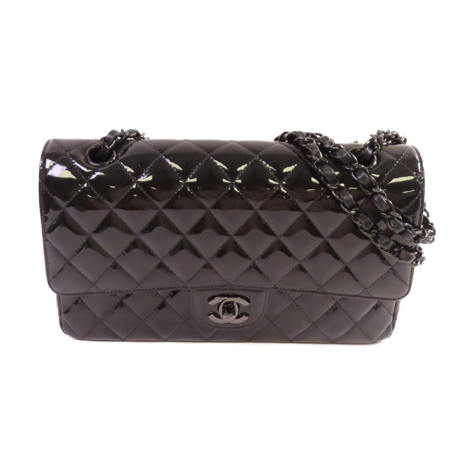 CHANEL 漆皮皮革Classic So Black Chain Shoulder Bag黑扣鏈帶肩