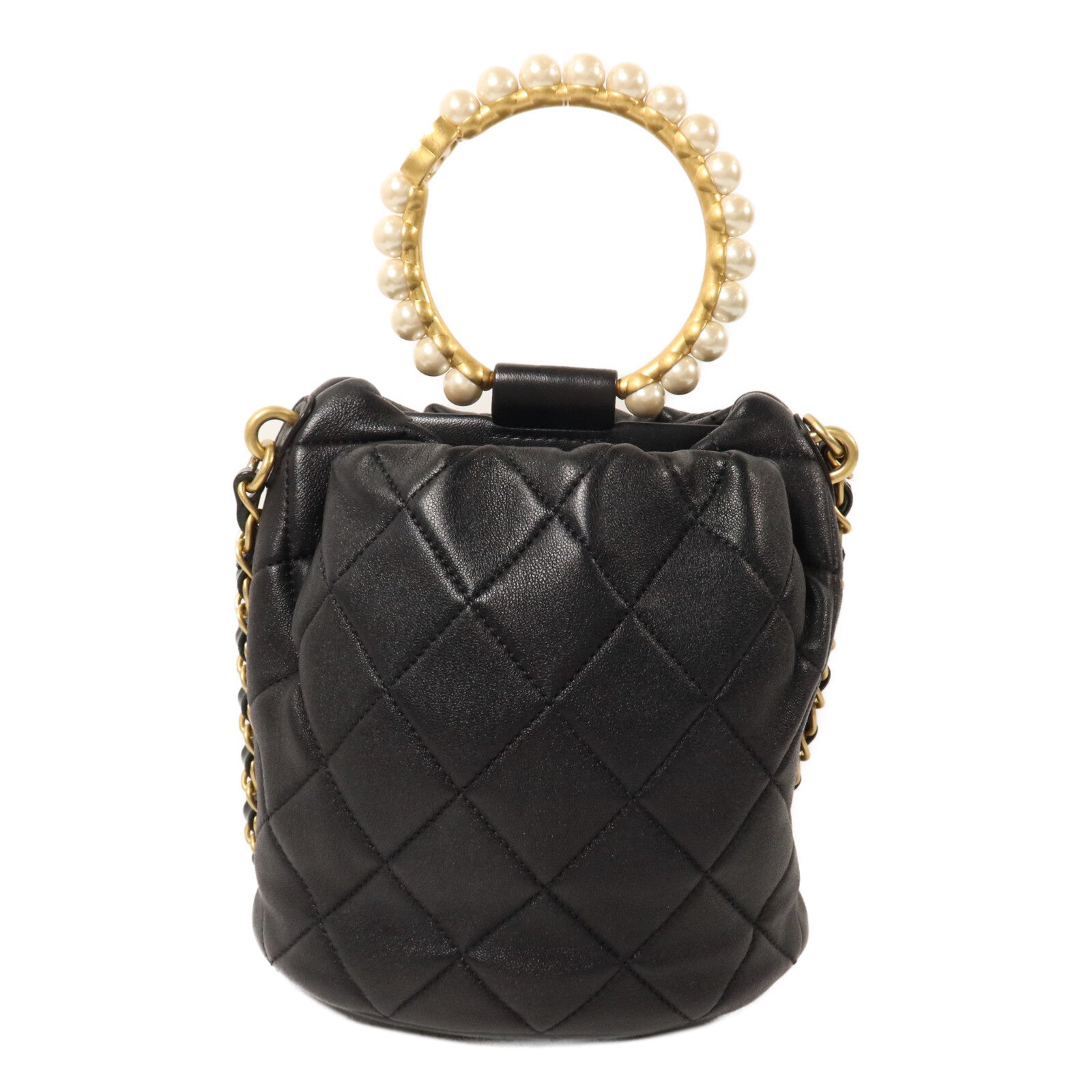 CHANEL 羊皮皮革Bucket Bag With Pearl Handle鏈帶手挽肩背兩用袋