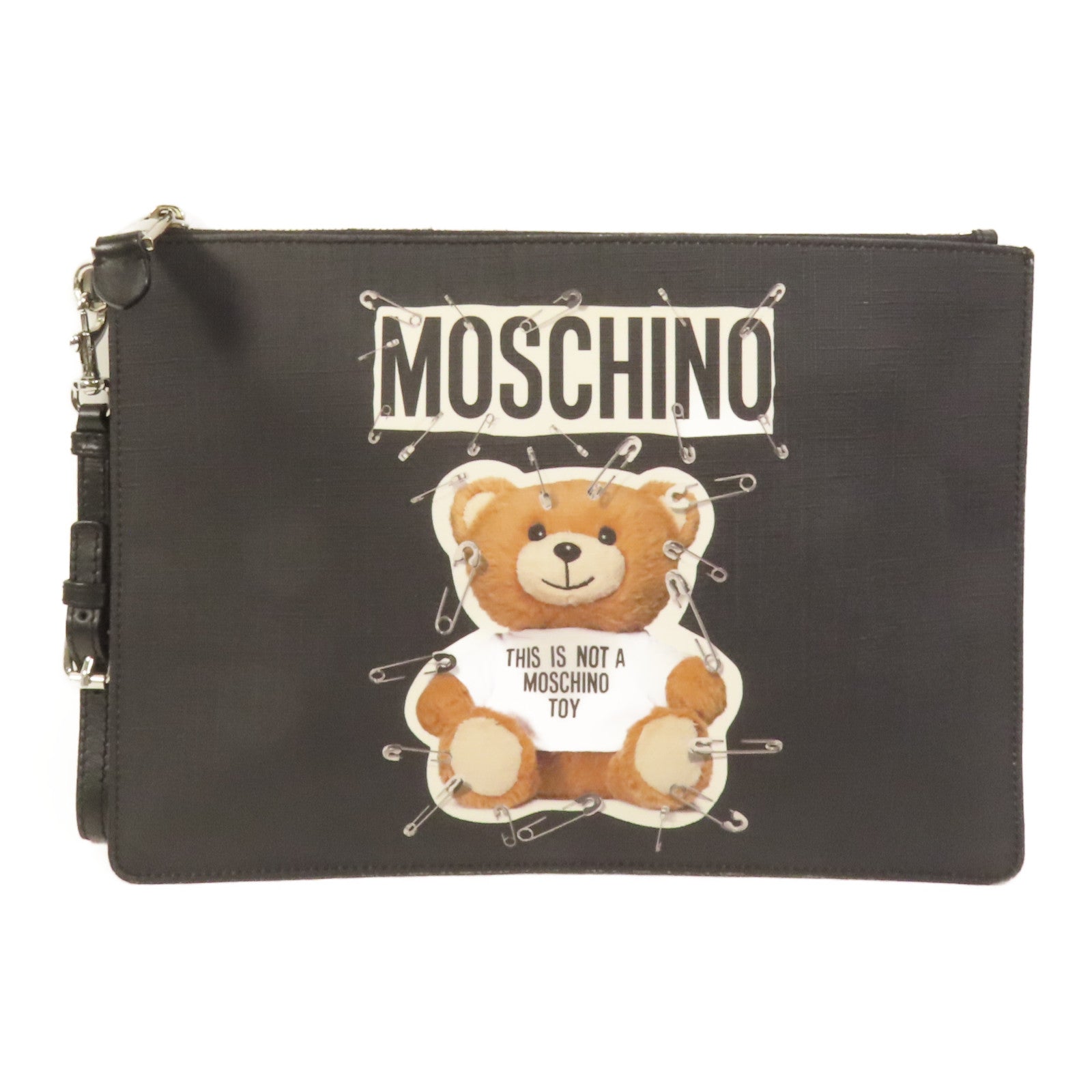 MOSCHINO 塗層帆布Teddy Bear Pouch銀扣手拿包