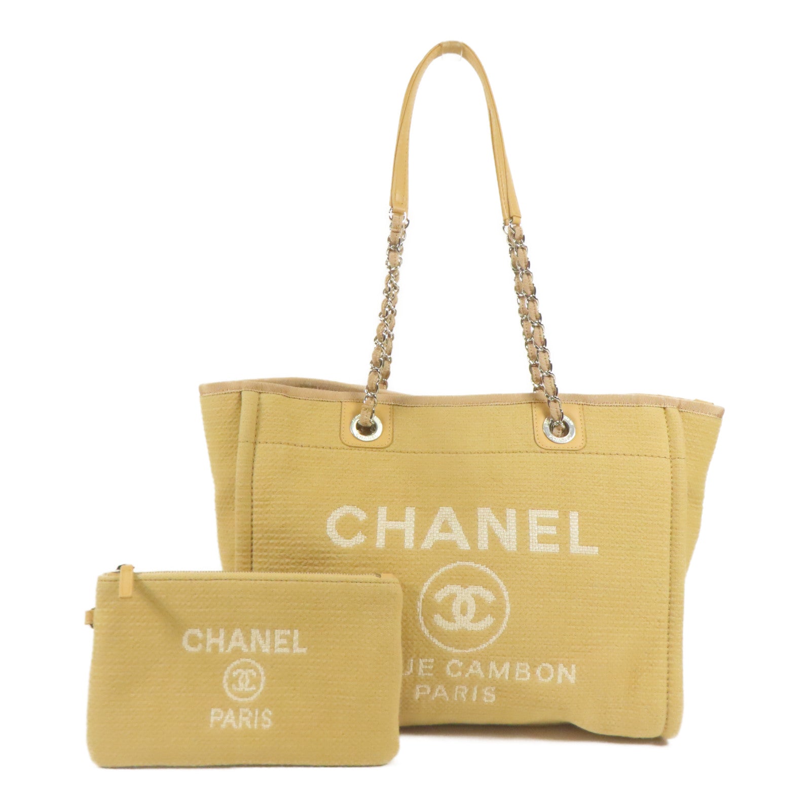 CHANEL 帆布Deauville銀扣鏈帶肩背袋