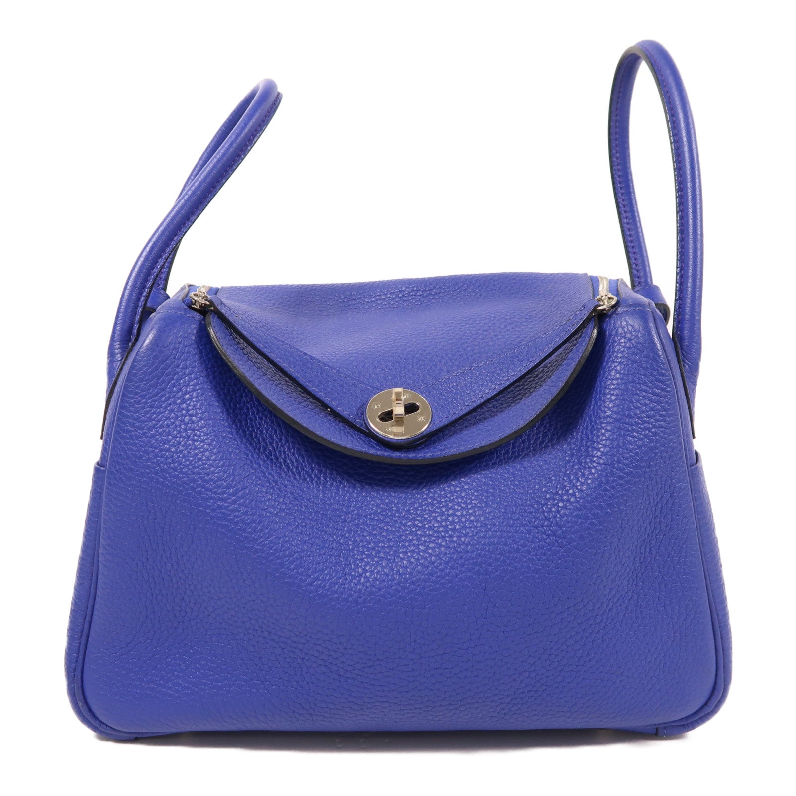 HERMES Clemence皮革Lindy 26手挽肩背兩用袋銀扣Bleu Electric