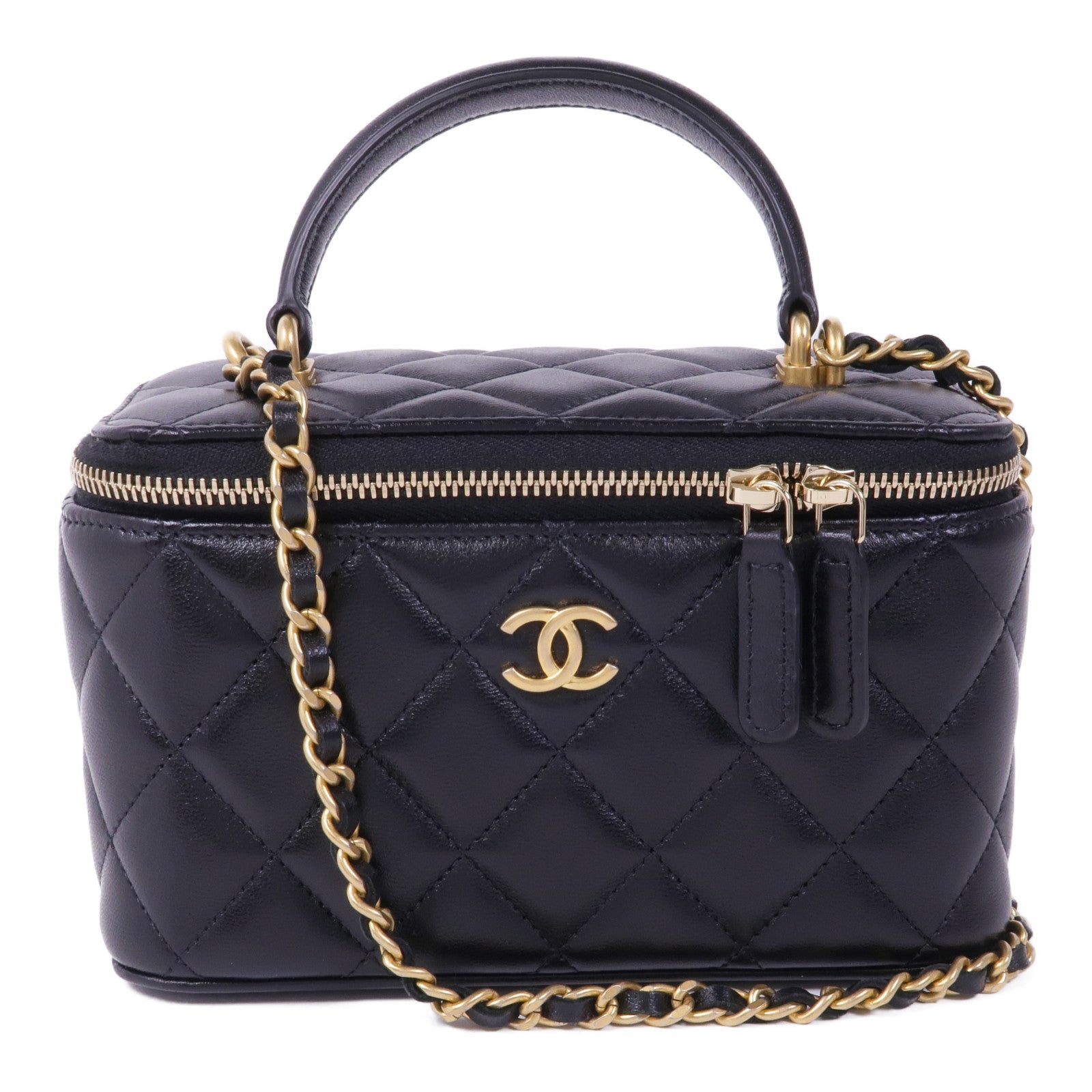 CHANEL 羊皮皮革Vanity Case金扣鏈帶手挽肩背兩用袋