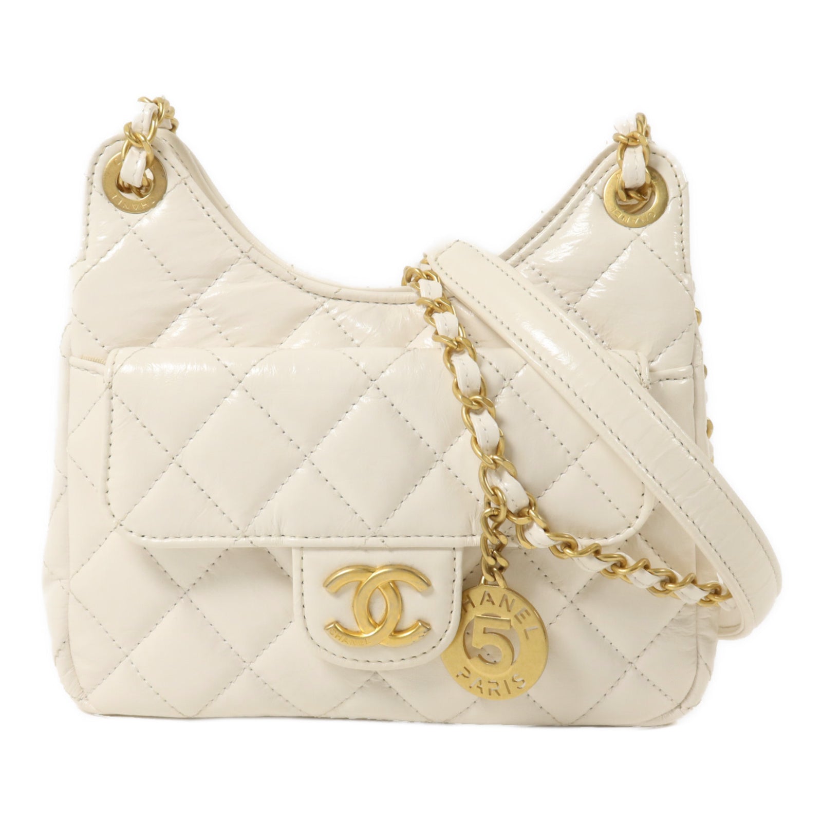 CHANEL 牛皮皮革Wavy CC Hobo鏈帶肩背袋