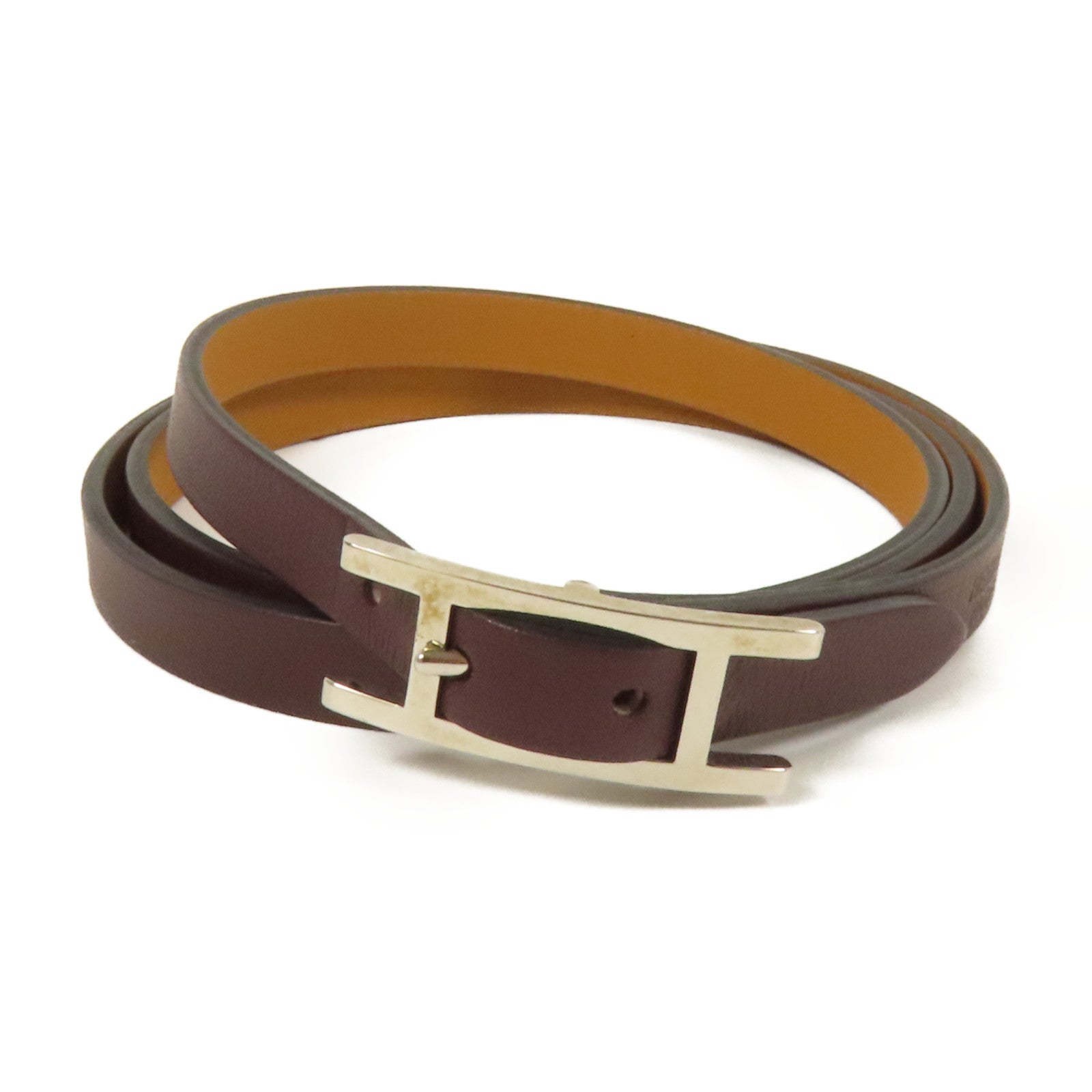 HERMES 【激減優惠】Swift皮革Behapi Double Tour Bracelet銀扣手帶Brown