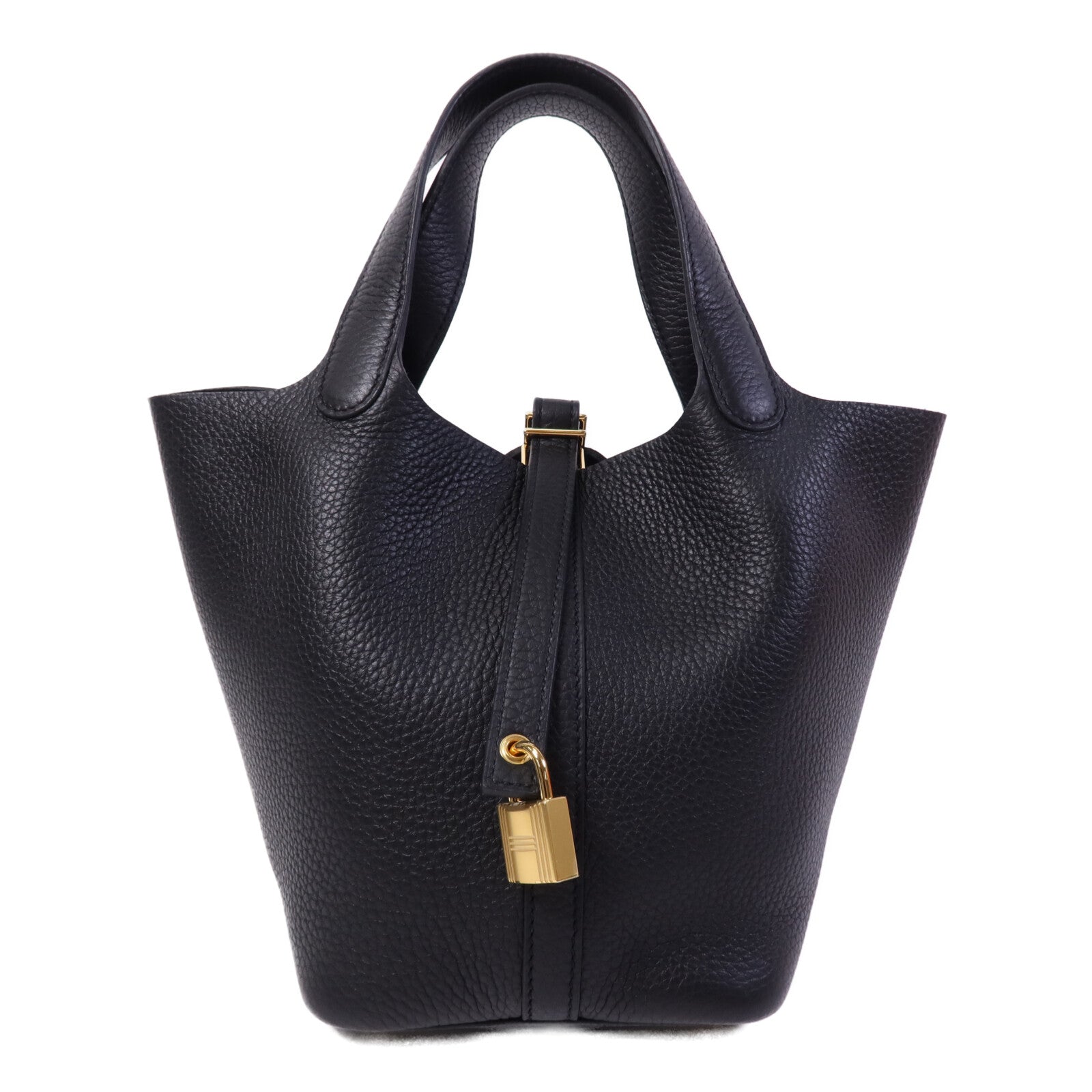 HERMES Clemence皮革Picotin PM金扣手挽袋Noir