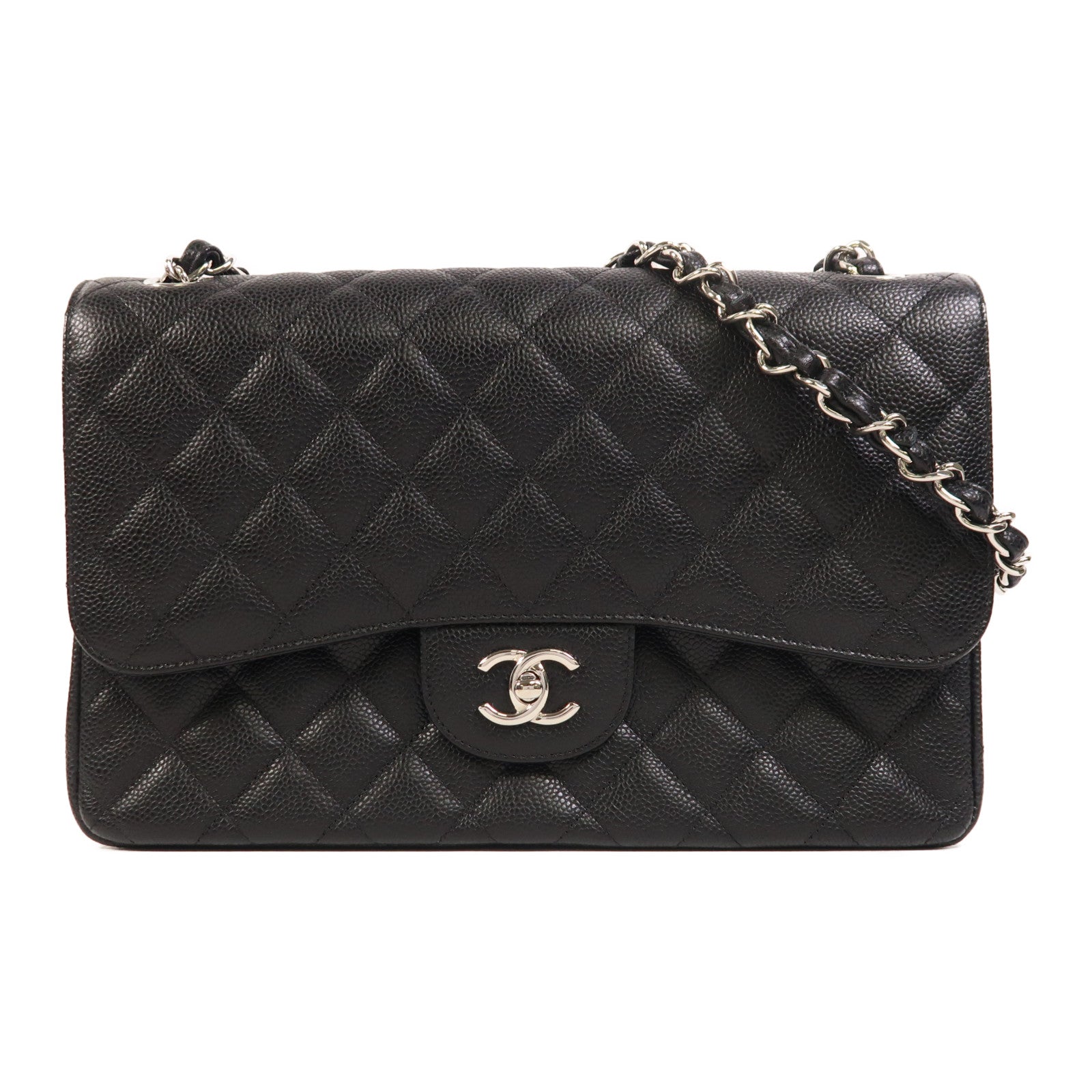 CHANEL 牛皮皮革Large Classic銀扣鏈帶肩背袋