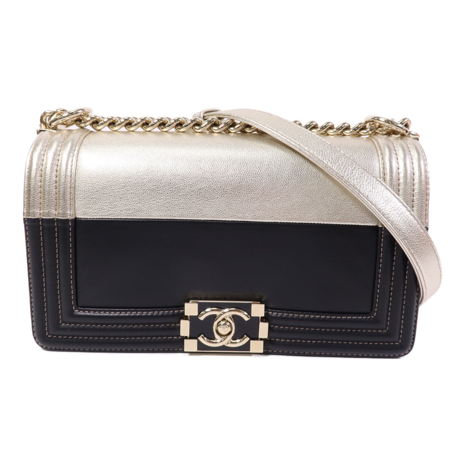 CHANEL 牛皮皮革Boy 25金扣鏈帶肩背袋