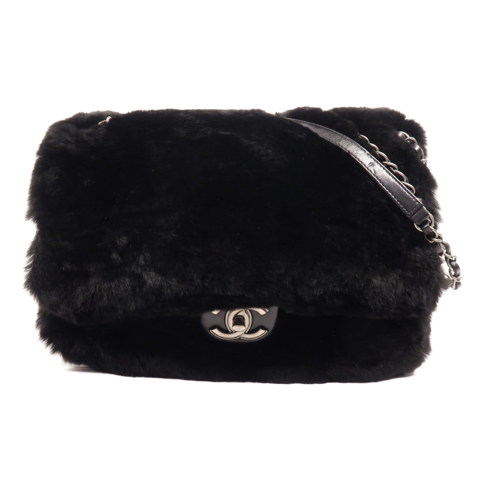 CHANEL 兔毛Chain Shoulder銀扣鏈帶肩背袋