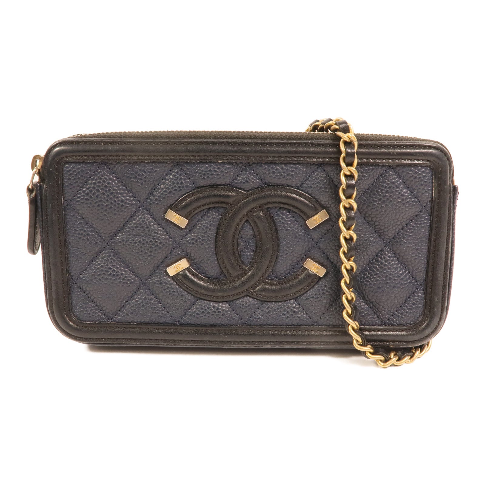 CHANEL 牛皮皮革Filigree Zipper Chain Bag金扣鏈帶肩背袋
