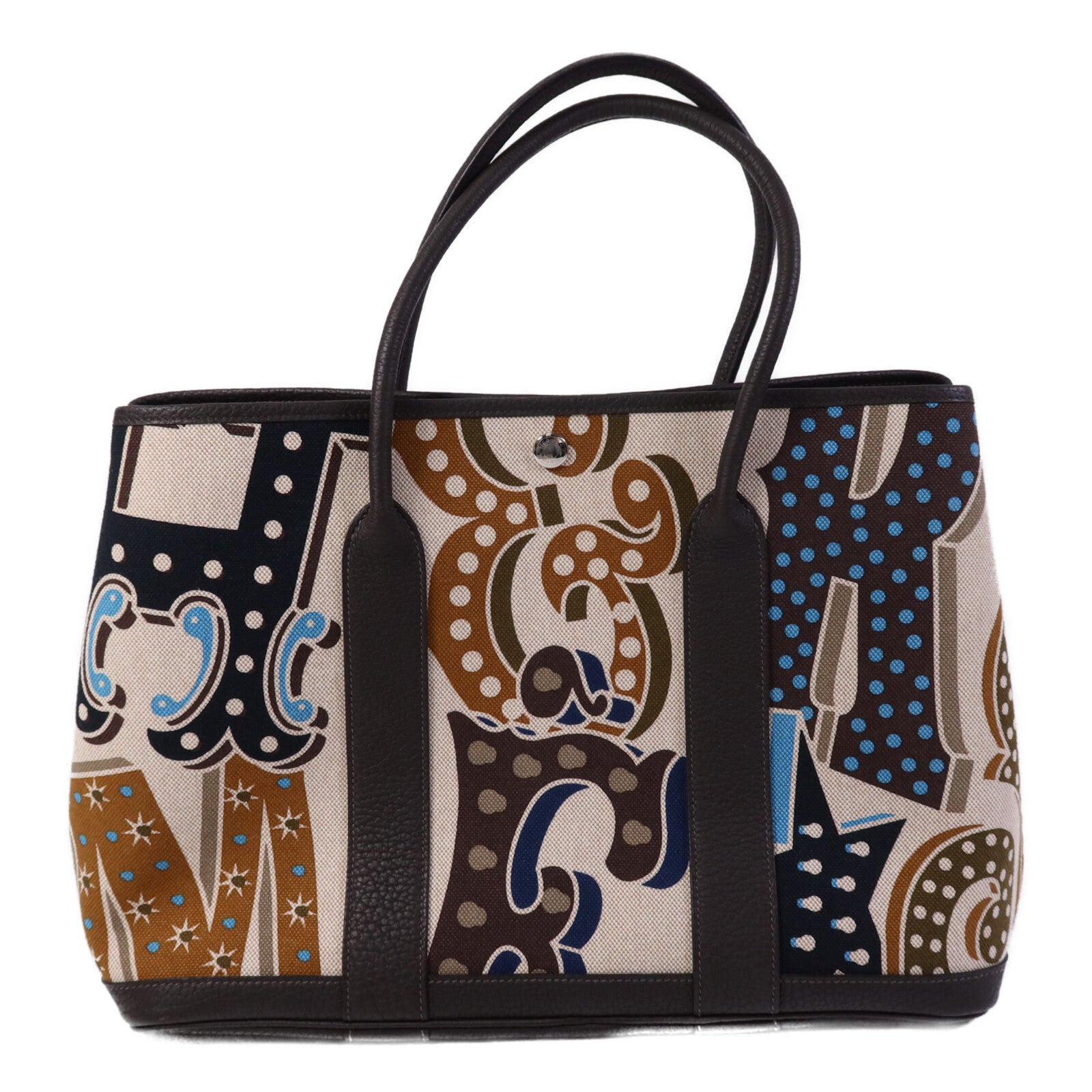 HERMES Toile H/Negonda皮革Garden Party PM銀扣手挽袋Ebene/Beige/Ecru