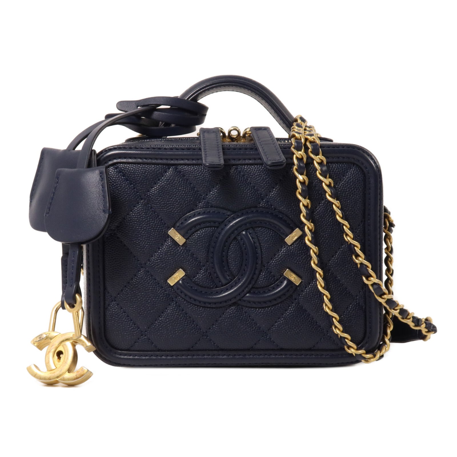CHANEL 牛皮皮革Filigree Vanity Case鏈帶手挽肩背兩用袋