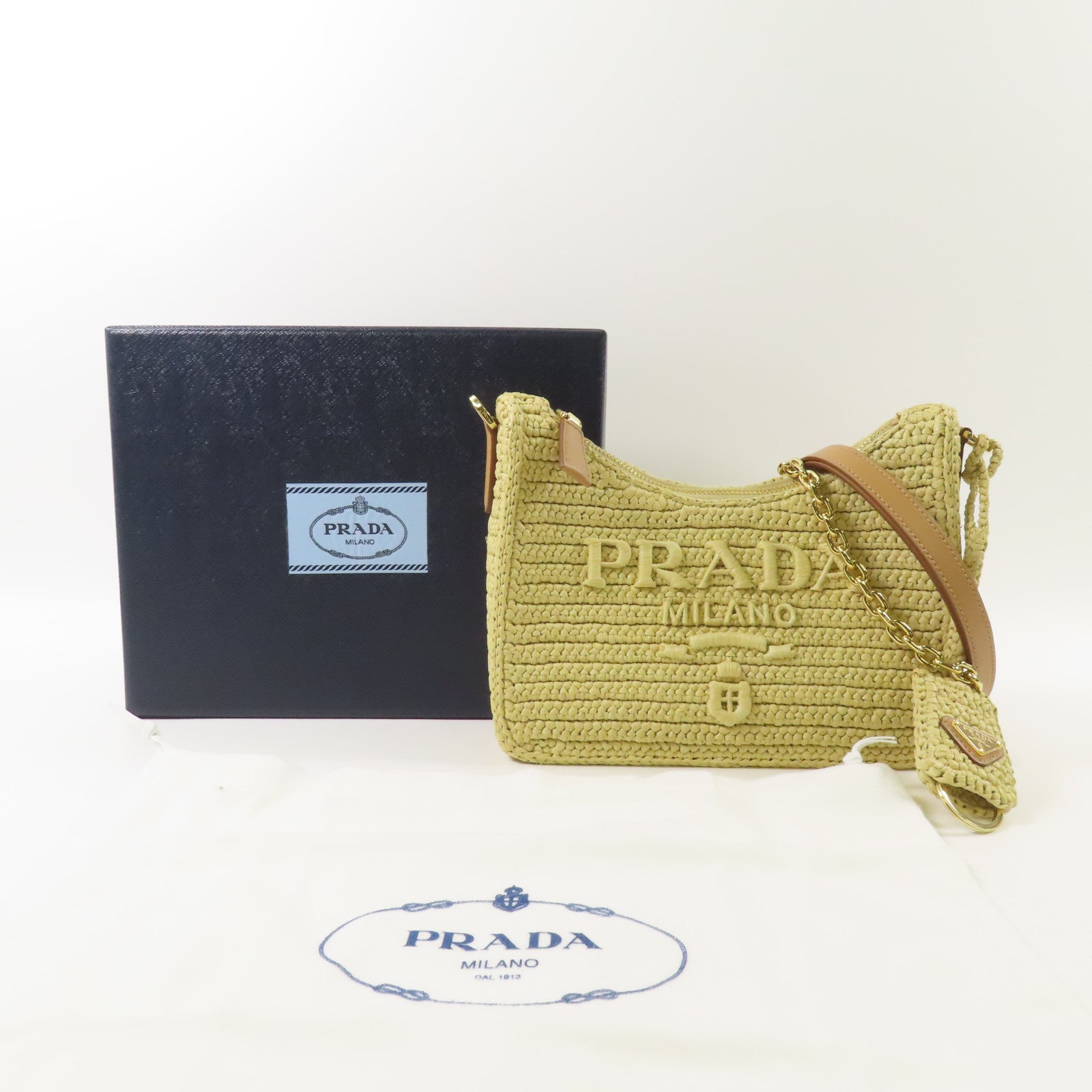 PRADA GHW Re-edition Crochet Mini Bag 2 Way Shoulder Bag 1BC204 Raffia Yellow
