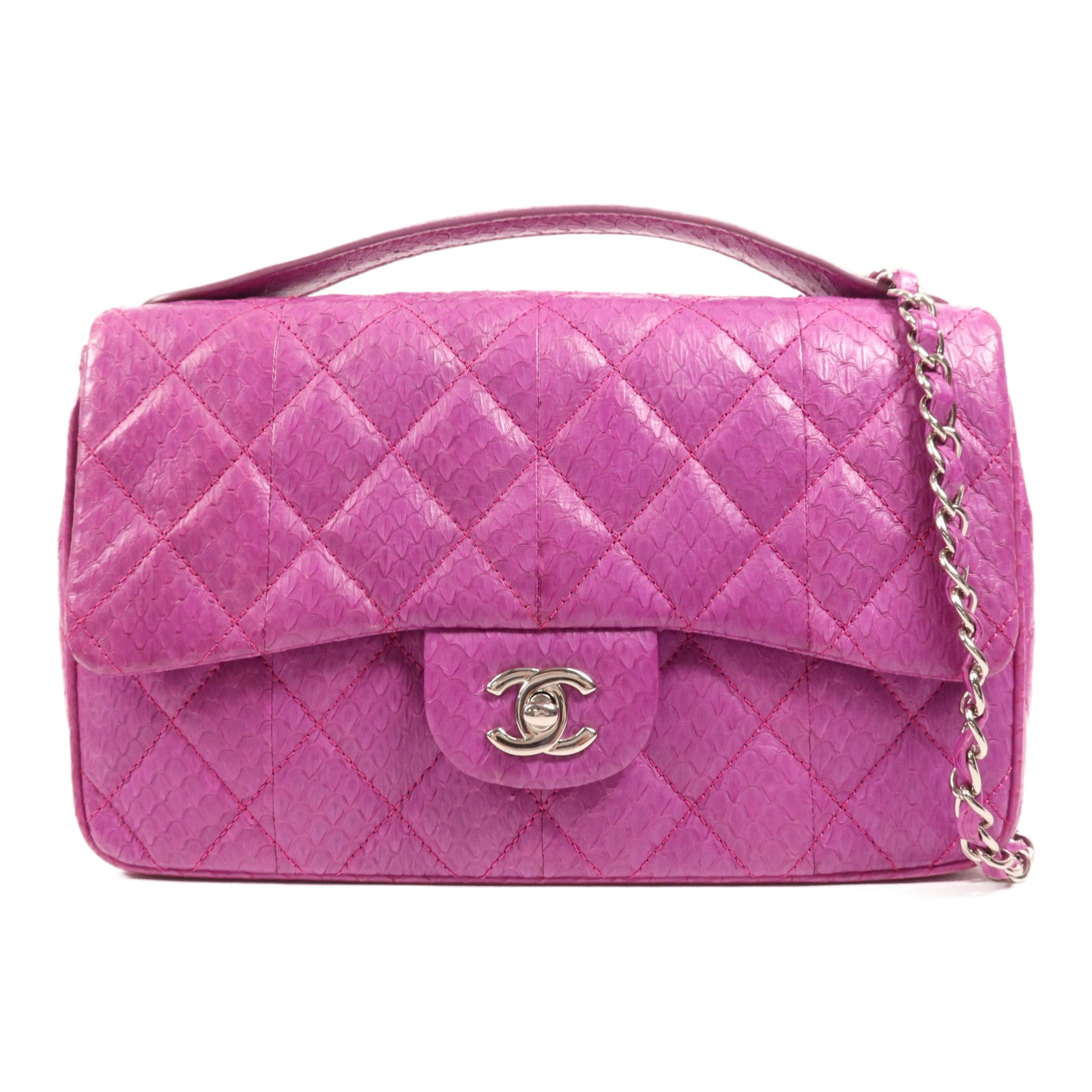 CHANEL 蛇皮皮革Shoulder Bag銀扣手挽肩背兩用袋