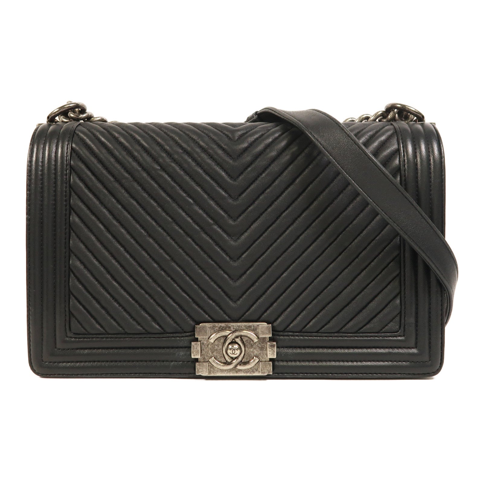 CHANEL 牛皮皮革Boy 28銀扣鏈帶肩背袋