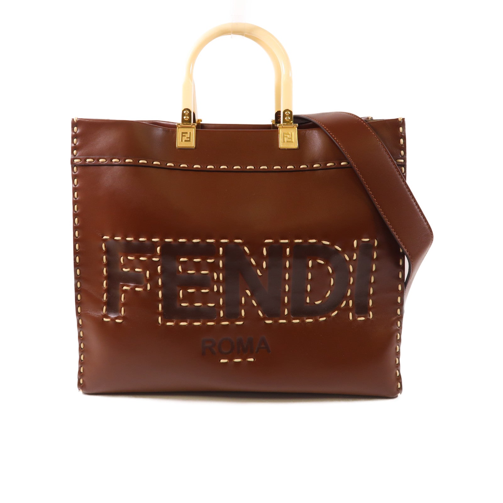 FENDI GHW Sunshine Shopping Bag 2 Way Shoulder Bag 8BH386 Calfskin Leather Brown