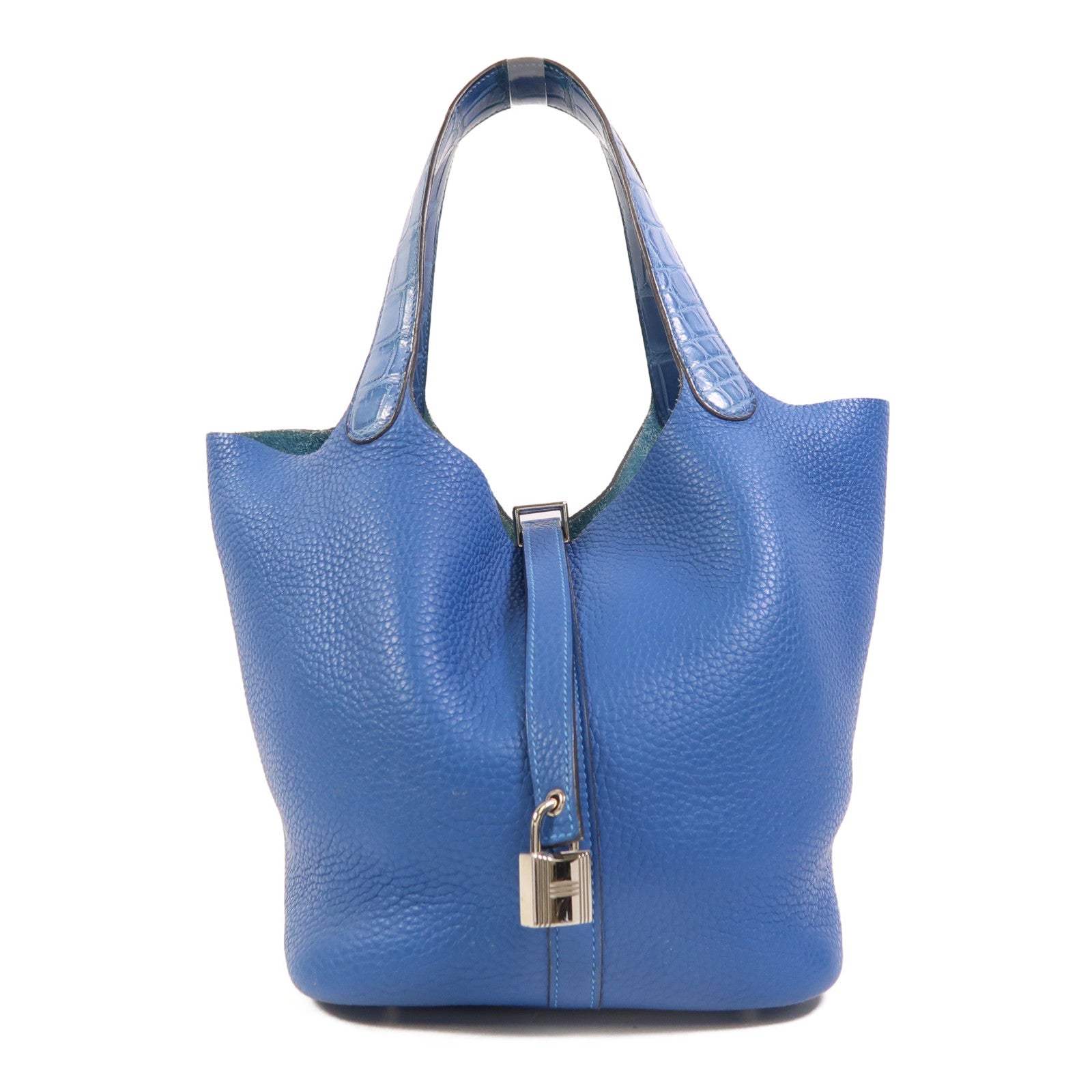 HERMES 鱷魚皮革/Clemence皮革Picotin MM Touch銀扣手挽袋Bleu Hydra