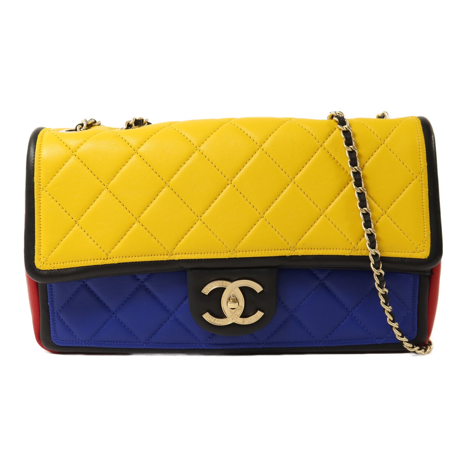 CHANEL 羊皮皮革Colorblock Medium Flap Bag金扣鏈帶肩背袋